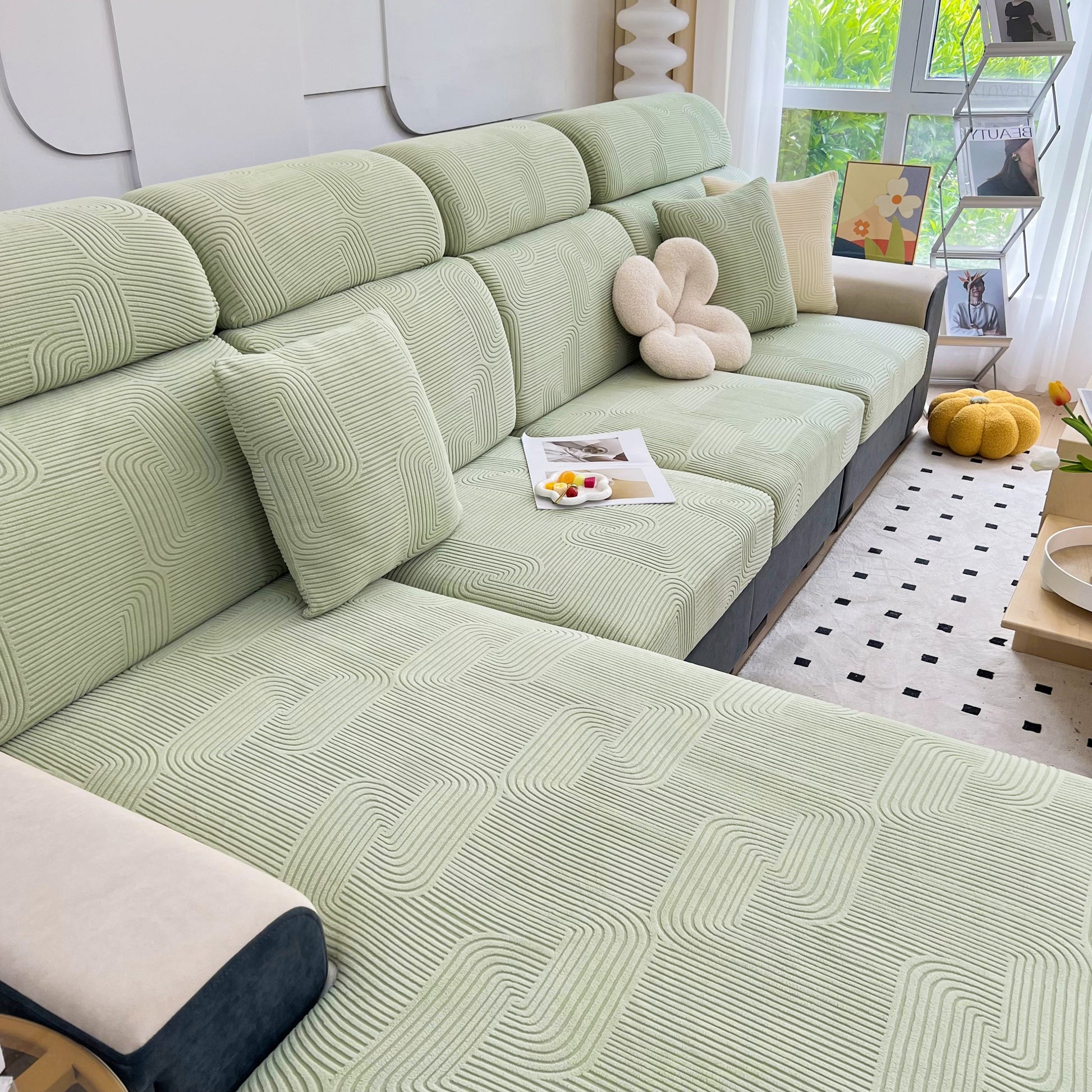 Stretch Couch Cushion Covers, Washable Chaise Lounge Sofa Slipcover, Elastic Furniture Protector for Pets, Kid on a stylish sofa