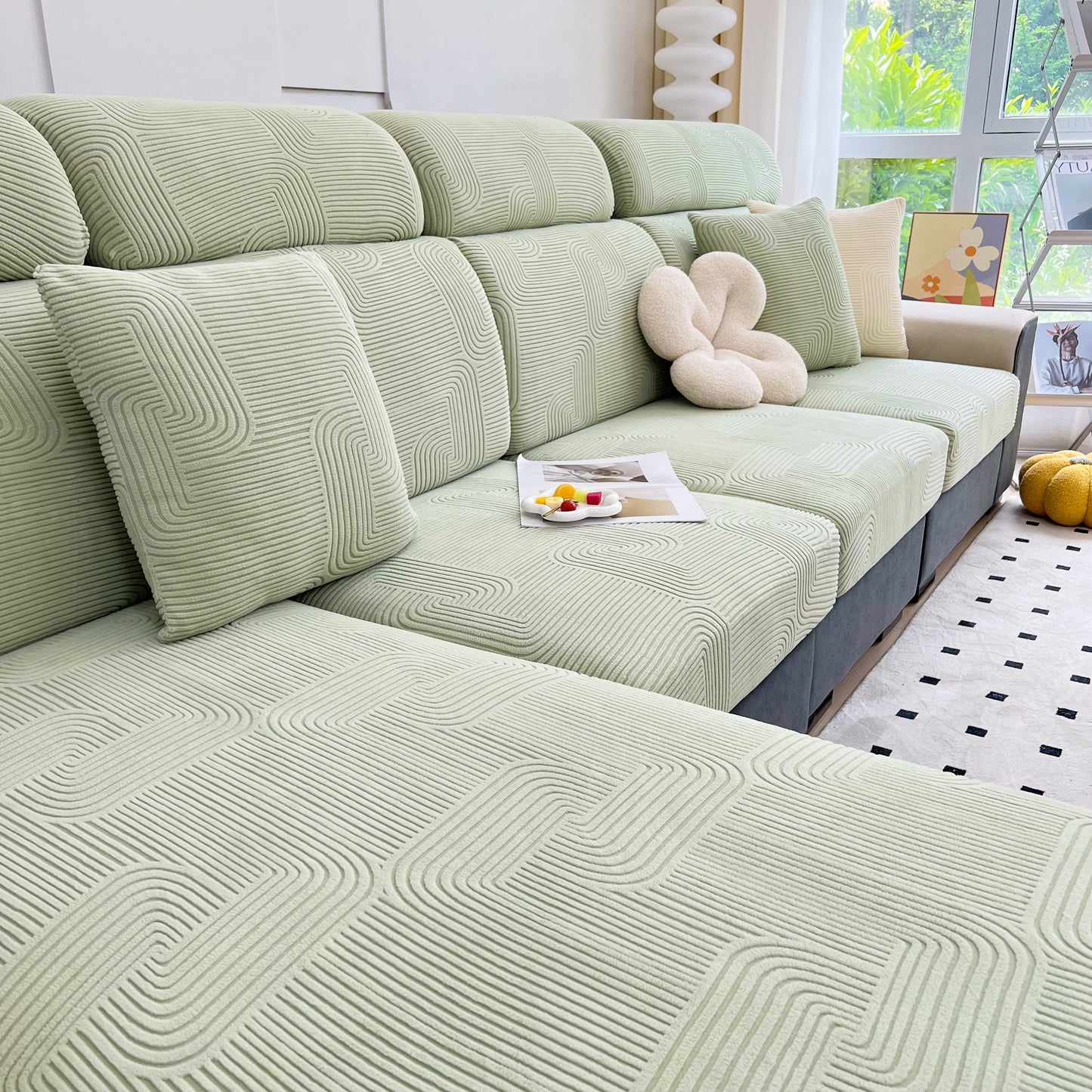 Stretch Couch Cushion Covers, Washable Chaise Lounge Sofa Slipcover, Elastic Furniture Protector for Pets, Kid in green texture