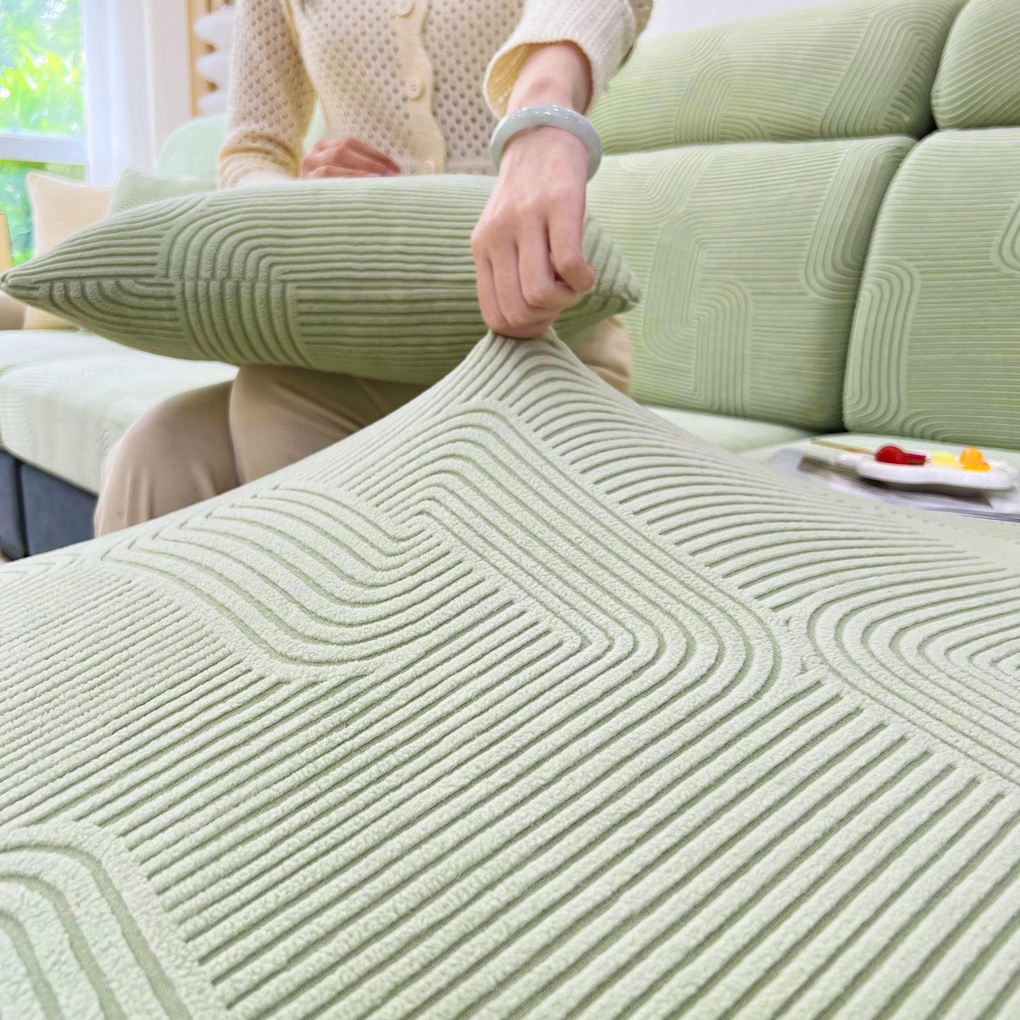 Person fitting green Stretch Couch Cushion Covers, Washable Chaise Lounge Sofa Slipcover, Elastic Furniture Protector for Pets, Kid
