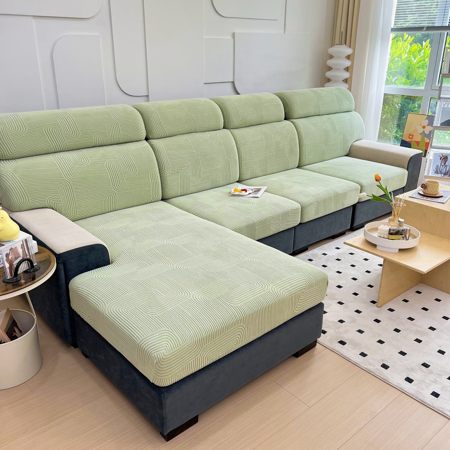 Living room with Stretch Couch Cushion Covers, Washable Chaise Lounge Sofa Slipcover, Elastic Furniture Protector for Pets, Kid.