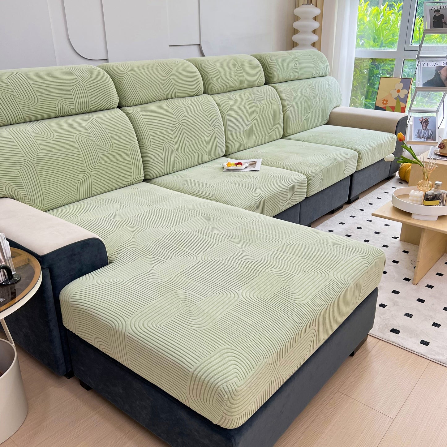 Stretch Couch Cushion Covers, Washable Chaise Lounge Sofa Slipcover, Elastic Furniture Protector for Pets, Kid on a modern sofa