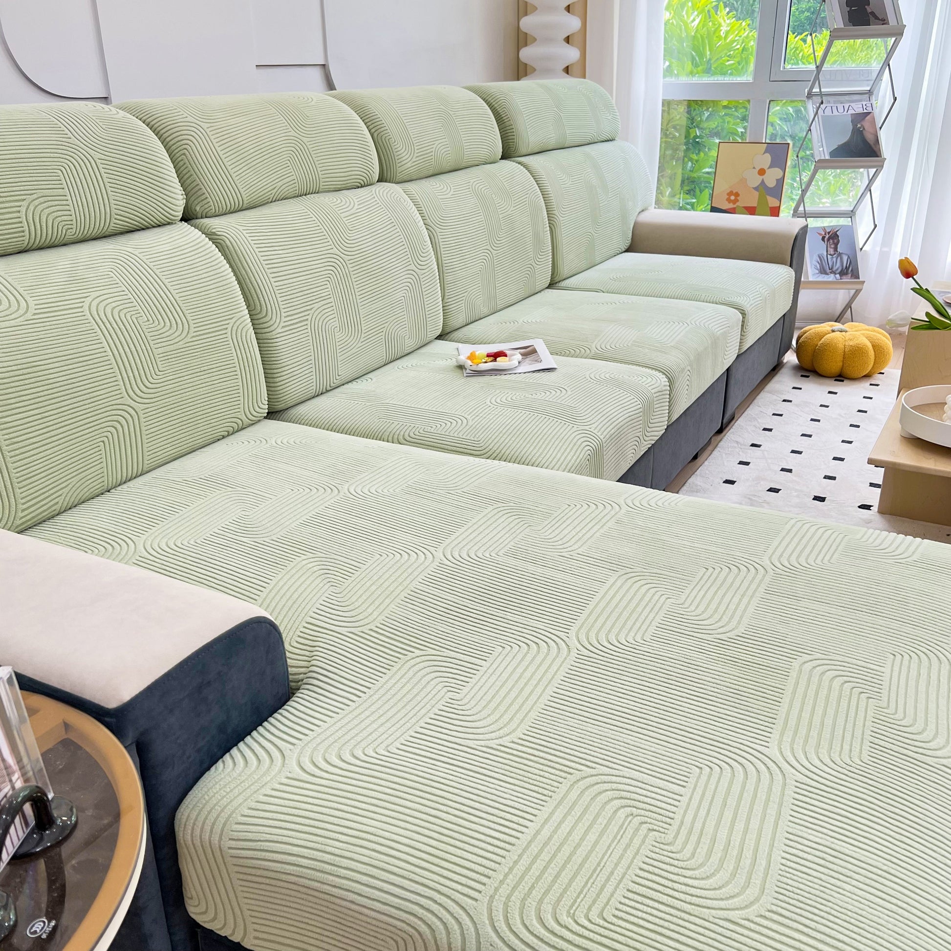 Stretch Couch Cushion Covers, Washable Chaise Lounge Sofa Slipcover, Elastic Furniture Protector for Pets, Kid on a modern sofa