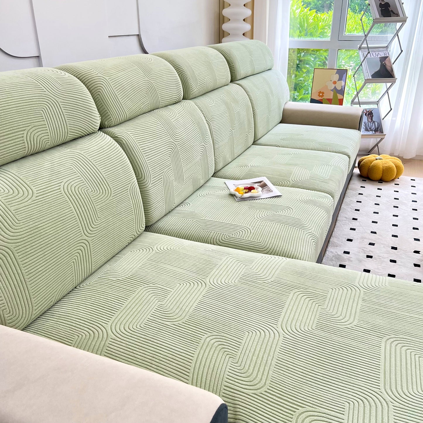 Stretch Couch Cushion Covers, Washable Chaise Lounge Sofa Slipcover, Elastic Furniture Protector for Pets, Kid on green couch