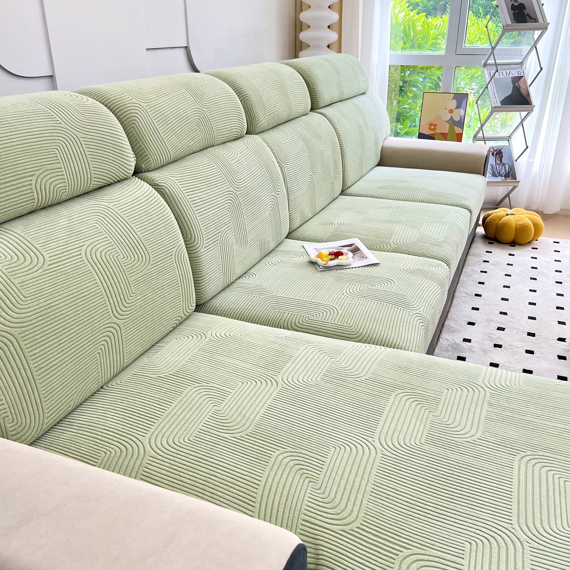 Stretch Couch Cushion Covers, Washable Chaise Lounge Sofa Slipcover, Elastic Furniture Protector for Pets, Kid on green couch