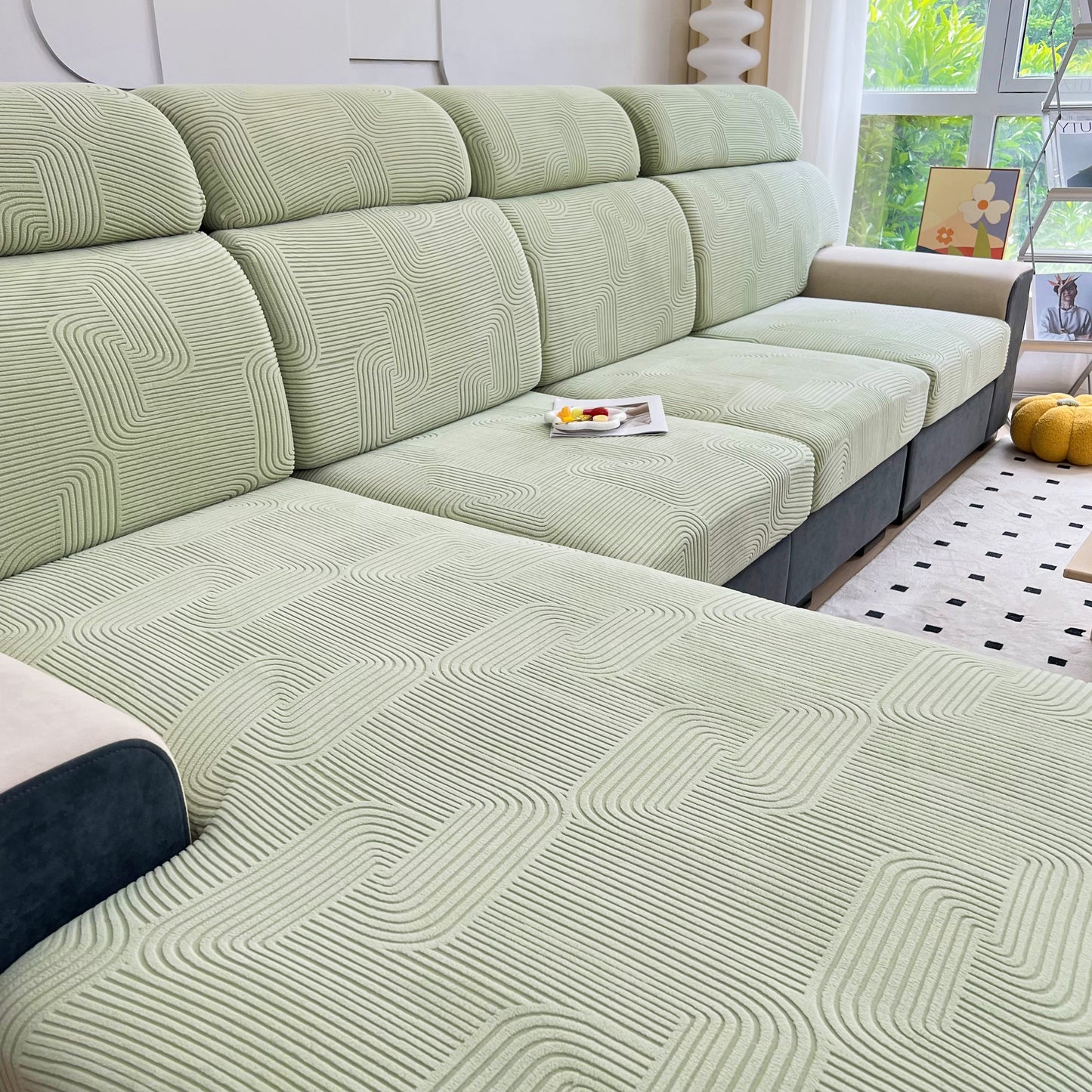 Stretch Couch Cushion Covers, Washable Chaise Lounge Sofa Slipcover, Elastic Furniture Protector for Pets, Kid on modern sofa.