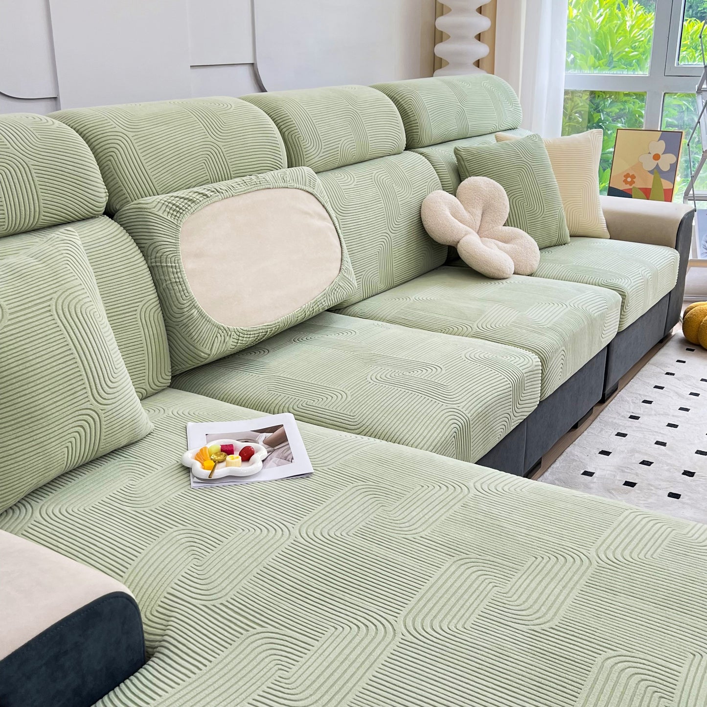 Stretch Couch Cushion Covers, Washable Chaise Lounge Sofa Slipcover, Elastic Furniture Protector for Pets, Kid on green sofa