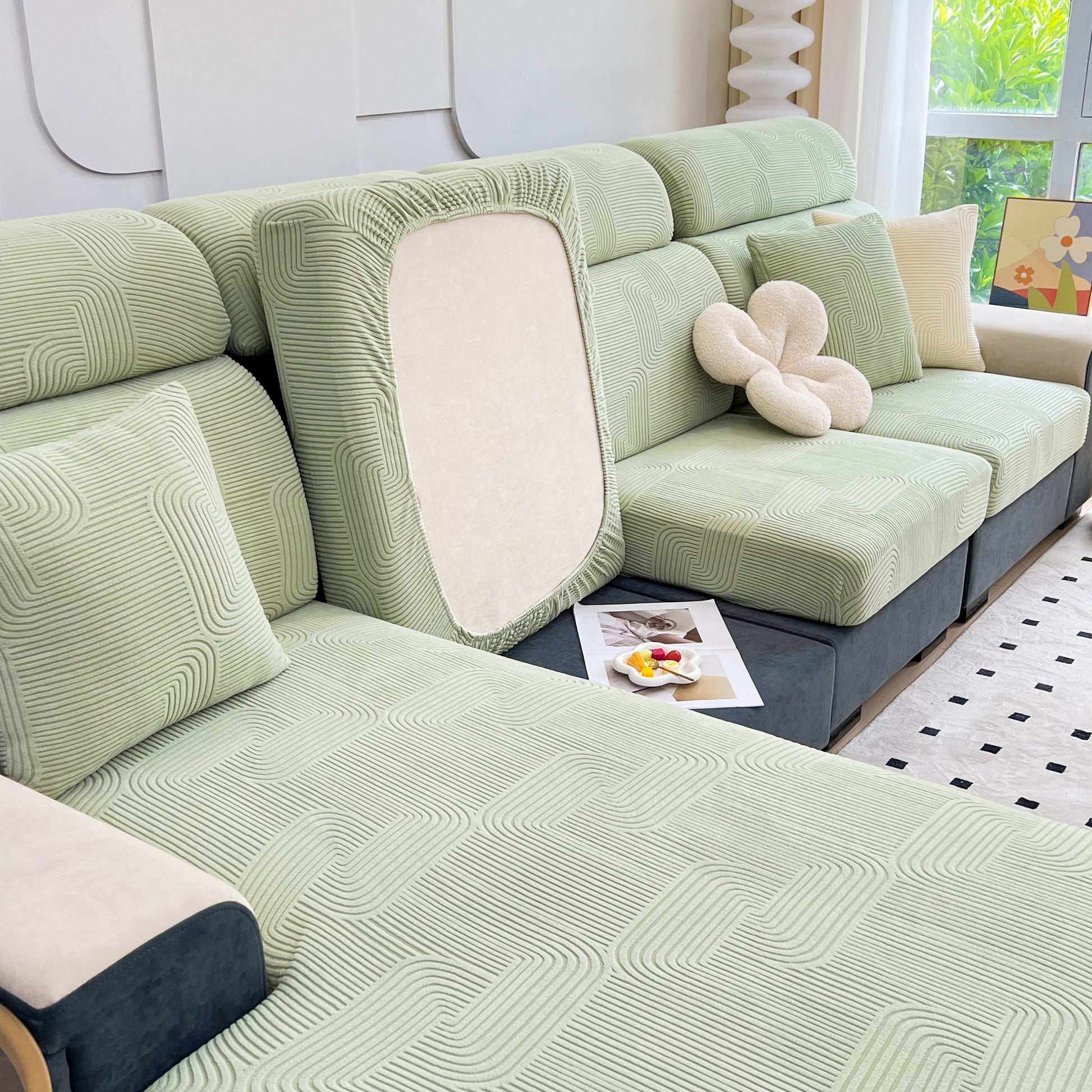 Stretch Couch Cushion Covers, Washable Chaise Lounge Sofa Slipcover, Elastic Furniture Protector for Pets, Kid in a living room setting.