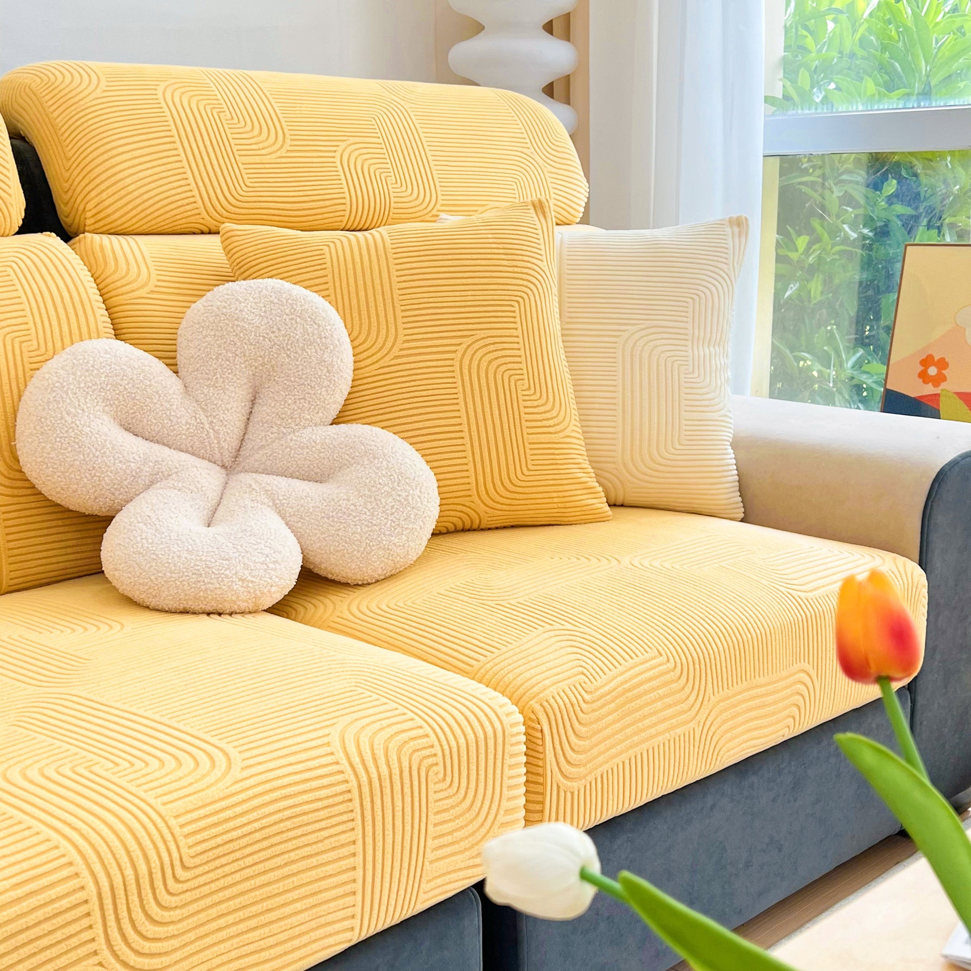 Stretch Couch Cushion Covers, Washable Chaise Lounge Sofa Slipcover, Elastic Furniture Protector for Pets, Kid on yellow sofa.
