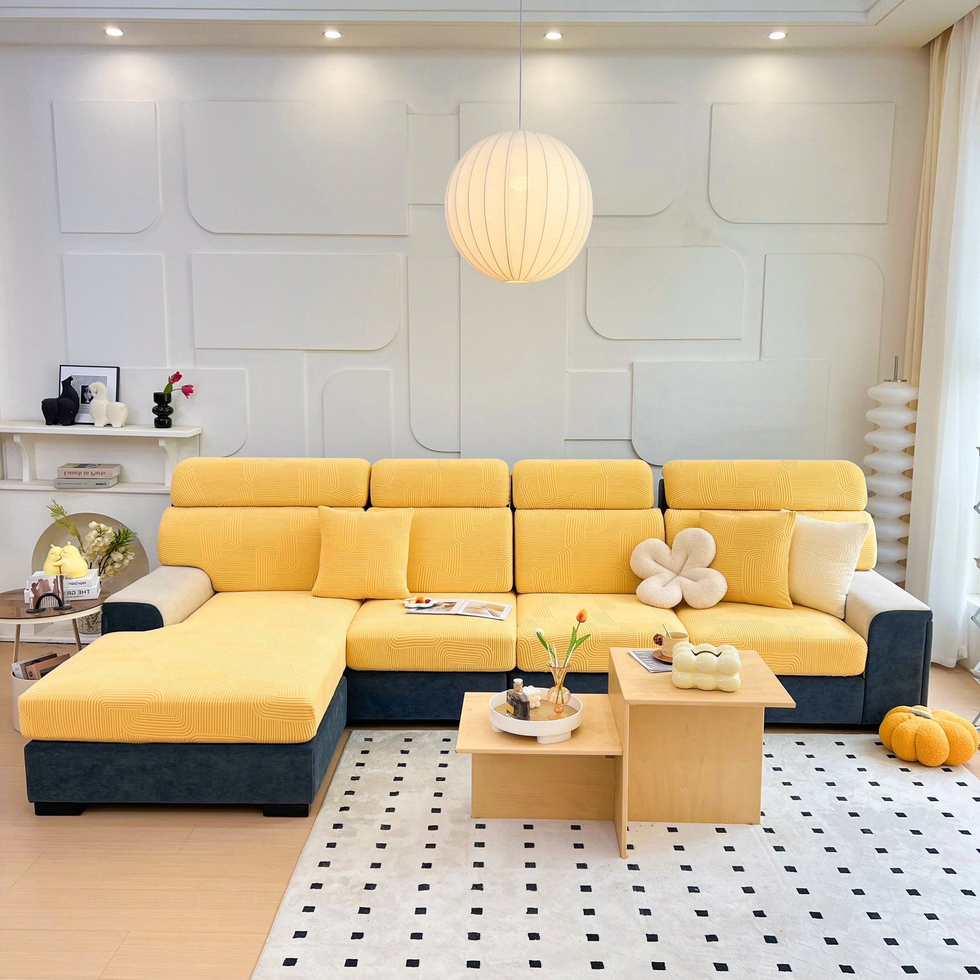 Stretch Couch Cushion Covers, Washable Chaise Lounge Sofa Slipcover, Elastic Furniture Protector for Pets, Kid in a modern living room