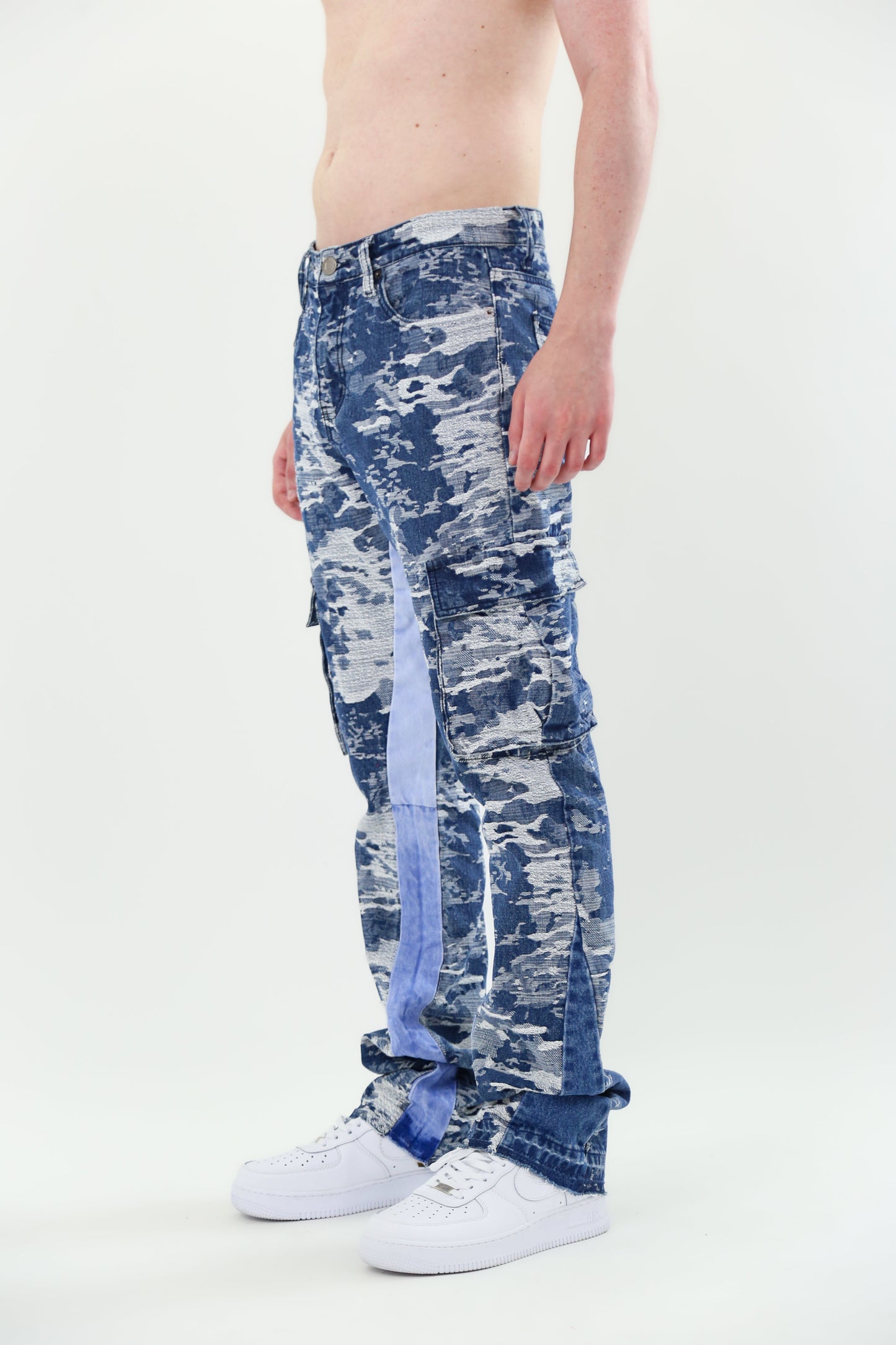 Model wearing AJS695 BLUE CARGO JACQUARD STACKED JEANS with mid-rise waist and non-stretchy fabric.