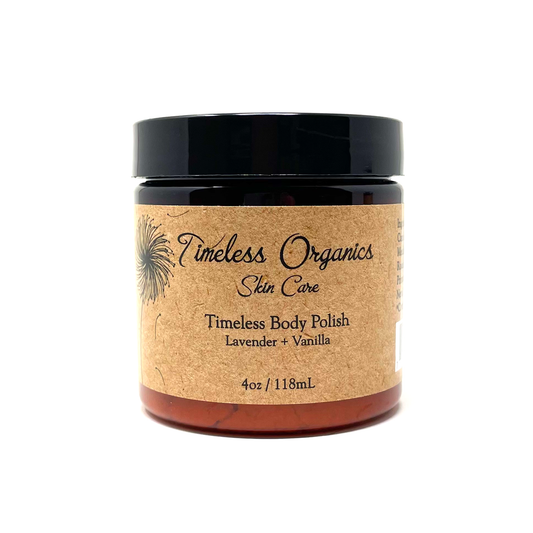 Body Polish - Lavender + Vanilla in a 4oz jar from Timeless Organics, featuring gentle exfoliation for sensitive and mature skin.