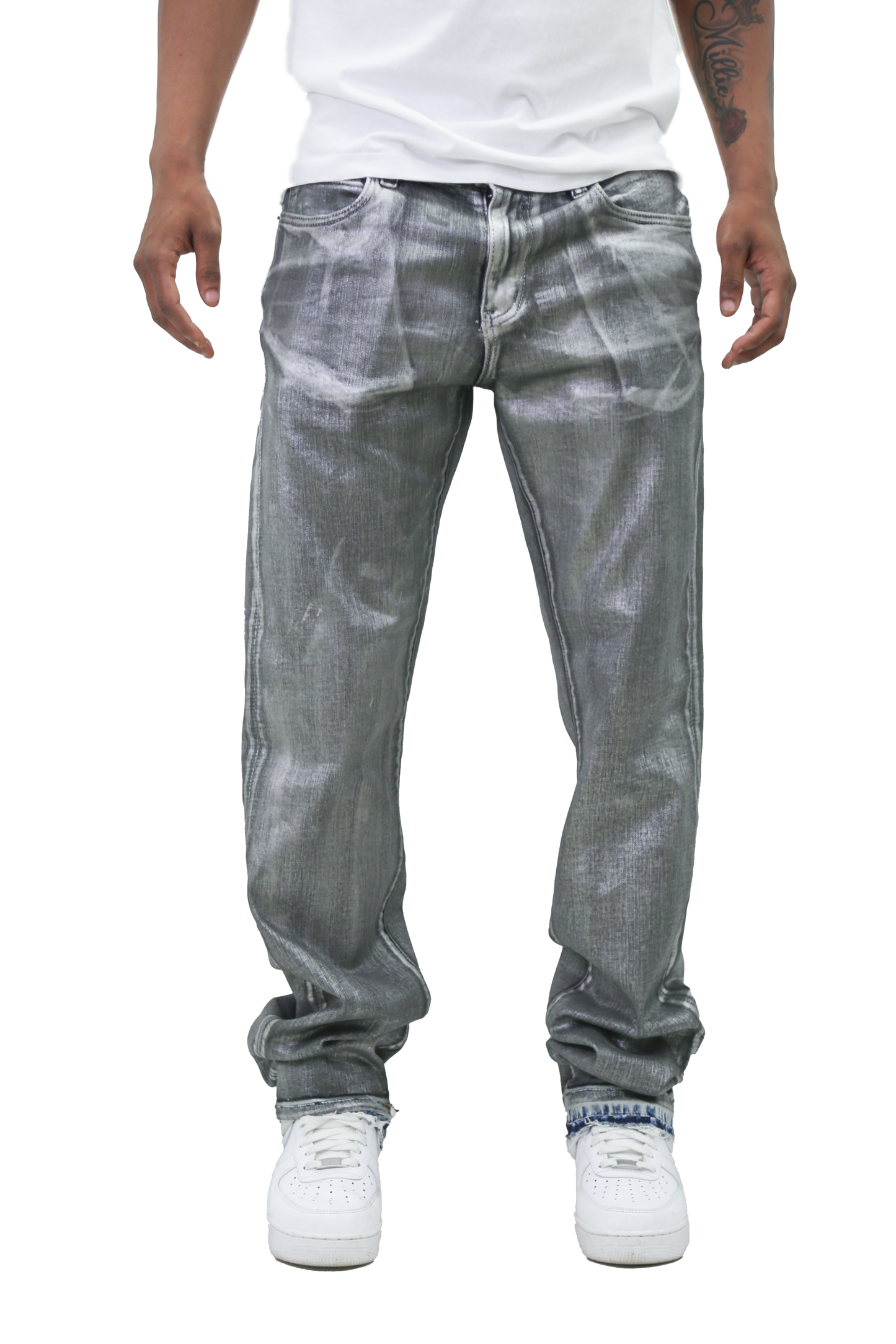 Front view of METALLIC PRINTED STACKED JEANS AJ07C with white sneakers