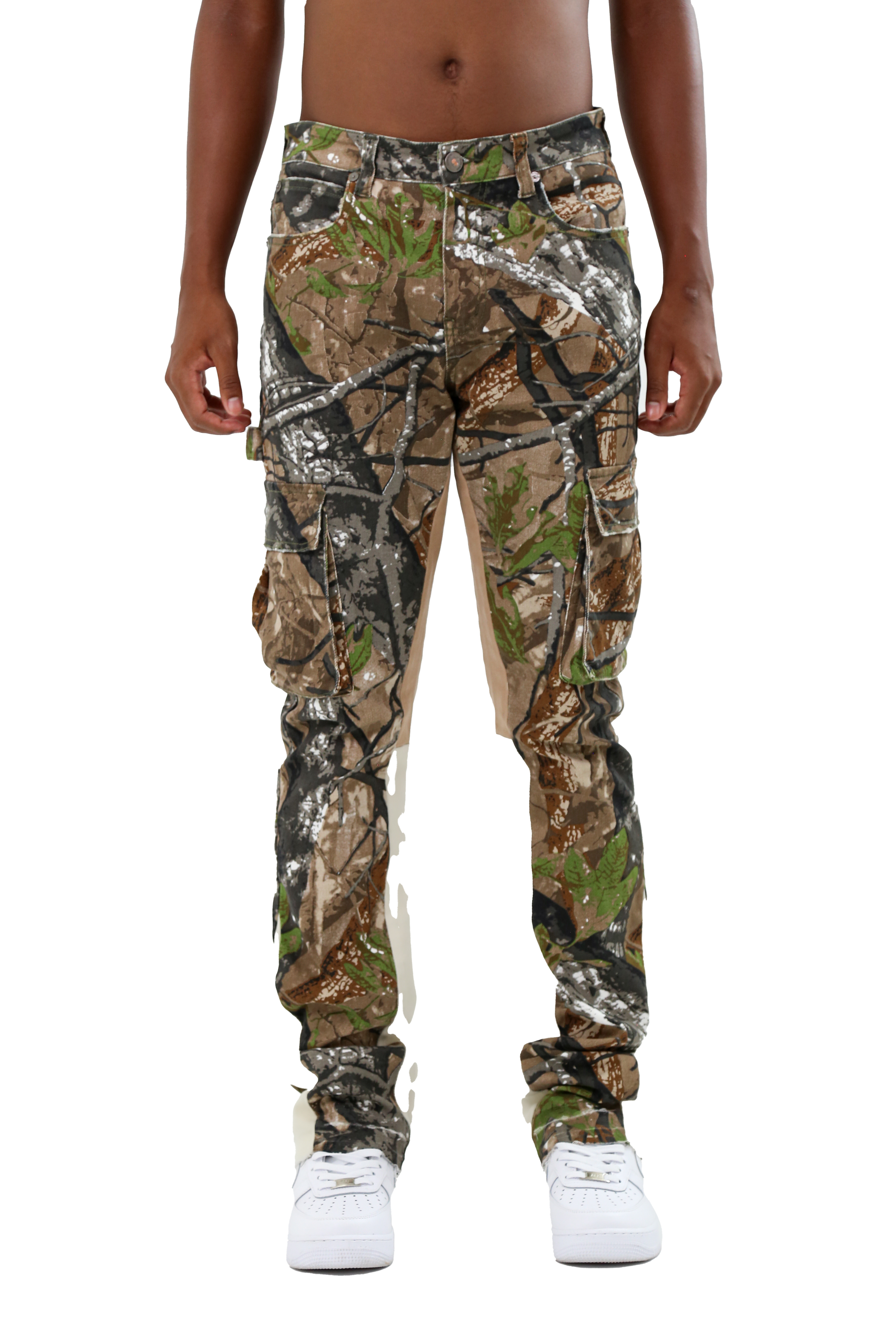 Model wearing AR699-5 CAMOUFLAGE/WHITE STACKED JEANS with mid-rise waist and stretchy fabric
