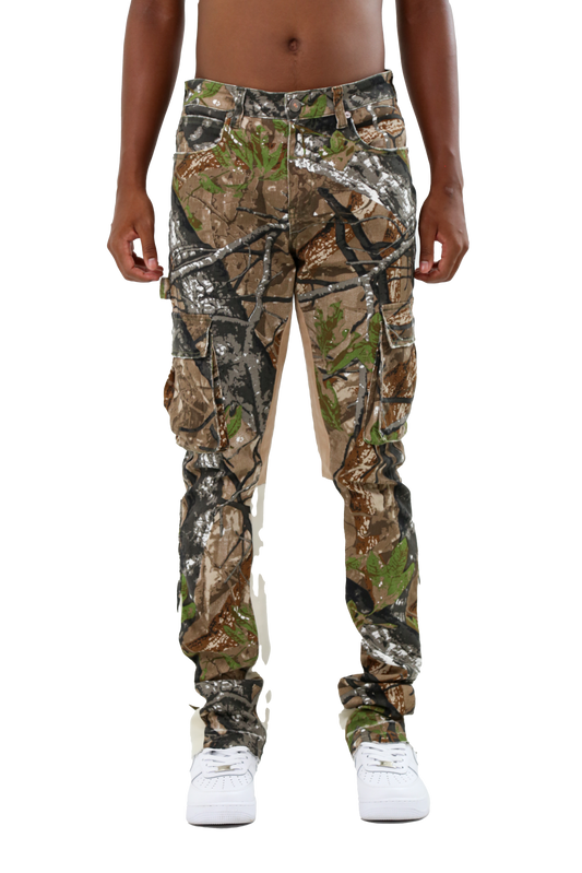 Model wearing AR699-5 CAMOUFLAGE/WHITE STACKED JEANS with mid-rise waist and stretchy fabric
