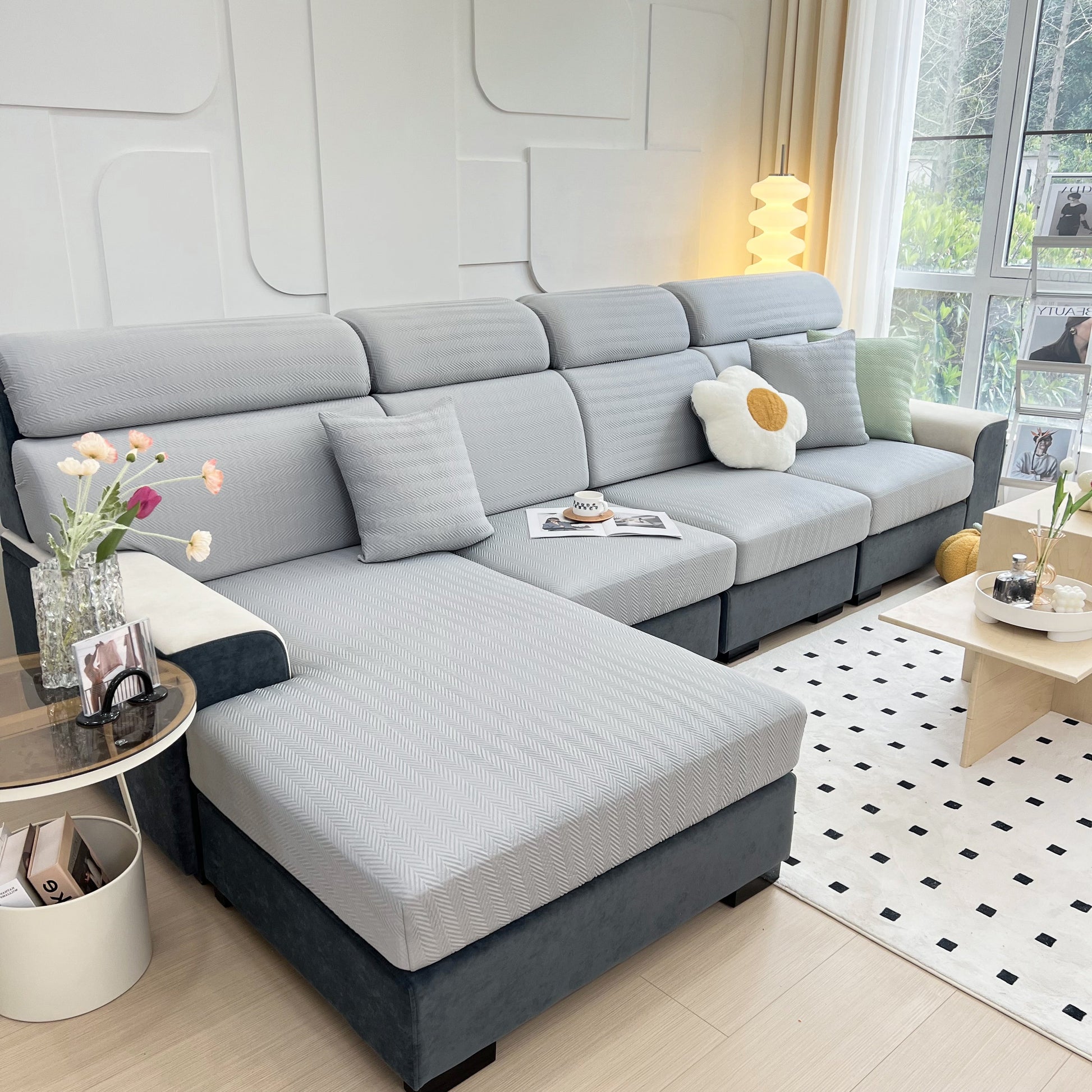 Cooling Stretchy Replacement Couch Cushion Covers for Sectional, individual seat covers on a modern gray sectional sofa in bright living room.
