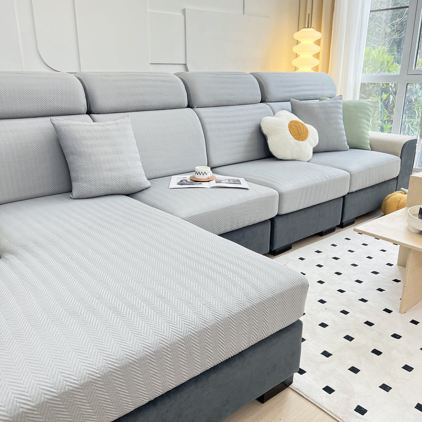 Cooling Stretchy Replacement Couch Cushion Covers for Sectional, Individual Couch Seat Cushion Covers on modern grey sofa setup.