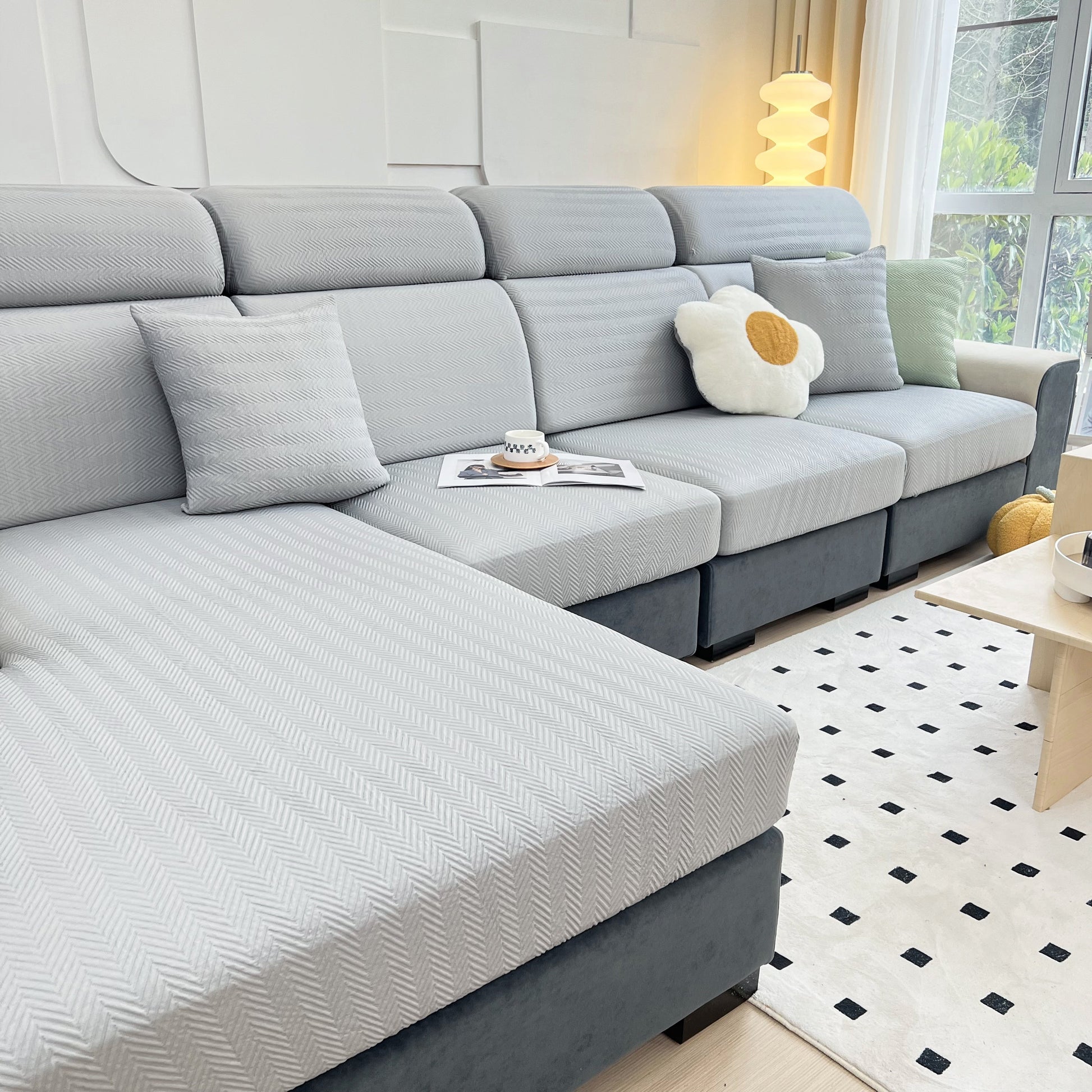 Cooling Stretchy Replacement Couch Cushion Covers for Sectional, Individual Couch Seat Cushion Covers on modern grey sofa setup.