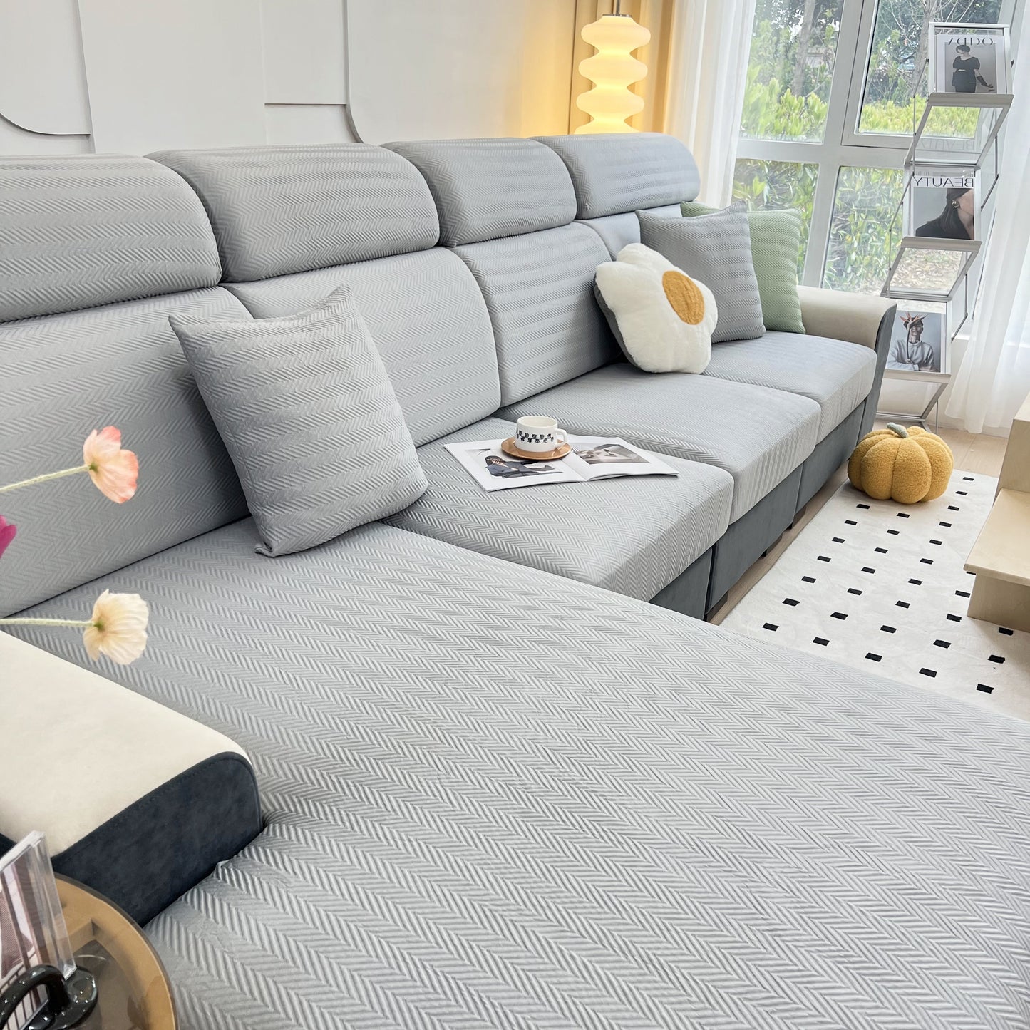 Cooling Stretchy Replacement Couch Cushion Covers for Sectional, Individual Couch Seat Cushion Covers on modern grey sofa