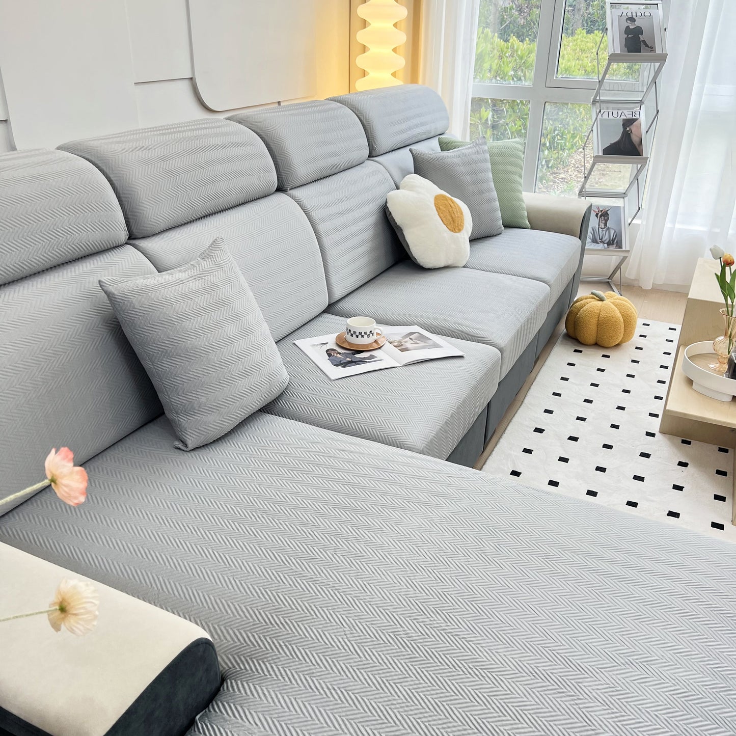 Living room with Cooling Stretchy Replacement Couch Cushion Covers for Sectional, Individual Couch Seat Cushion Covers on a sofa.