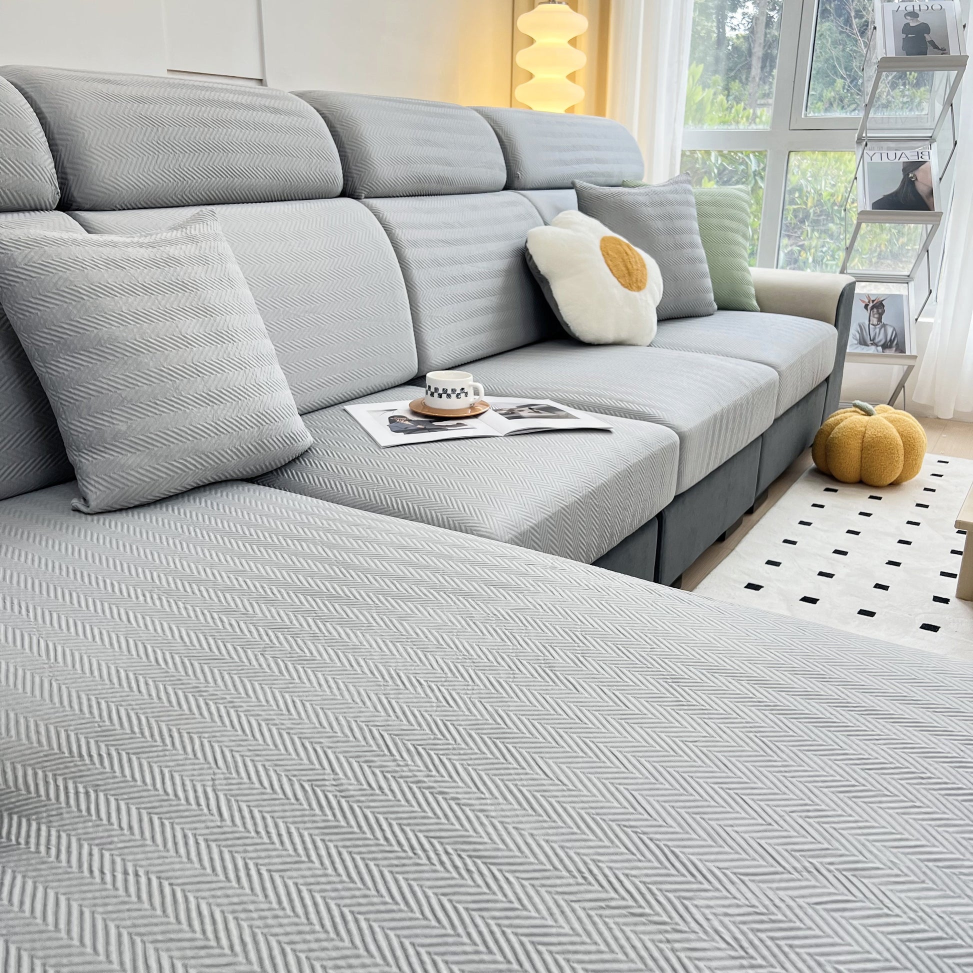 Cooling Stretchy Replacement Couch Cushion Covers for Sectional, Individual Couch Seat Cushion Covers on a modern gray sofa.