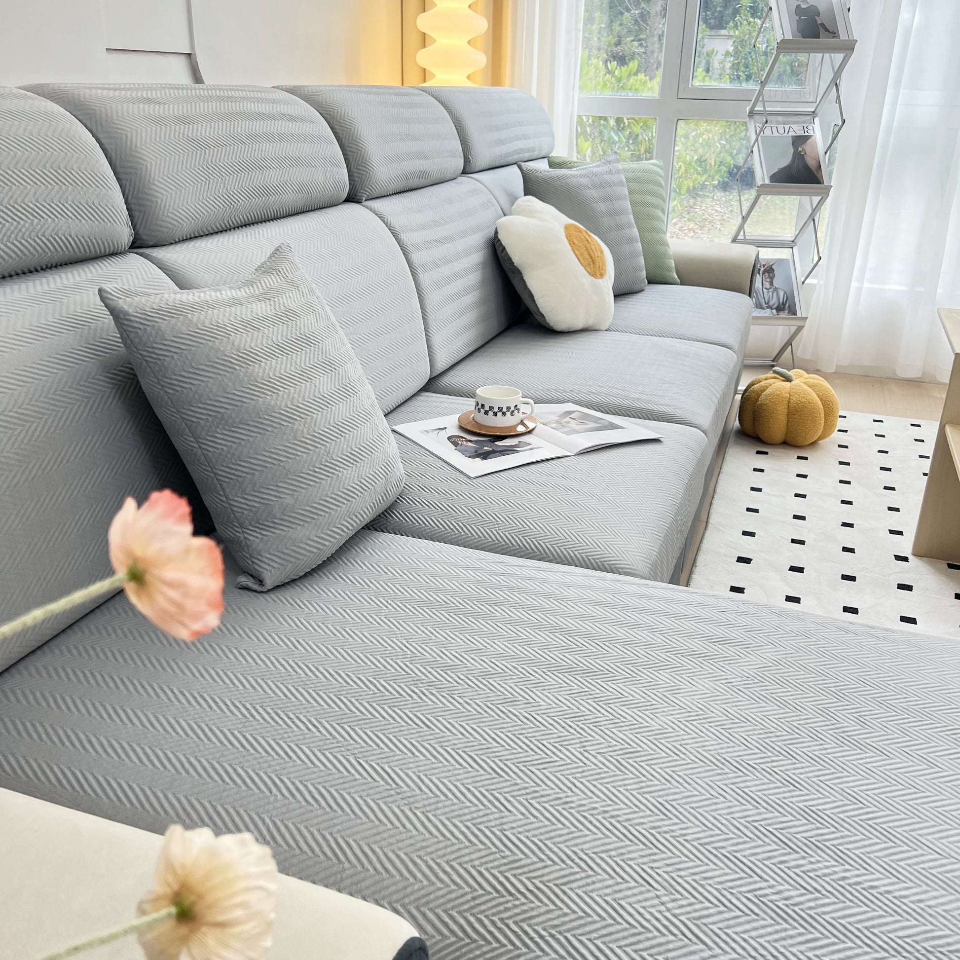 Cooling Stretchy Replacement Couch Cushion Covers for Sectional with ice silk fabric on a modern sofa in living room.