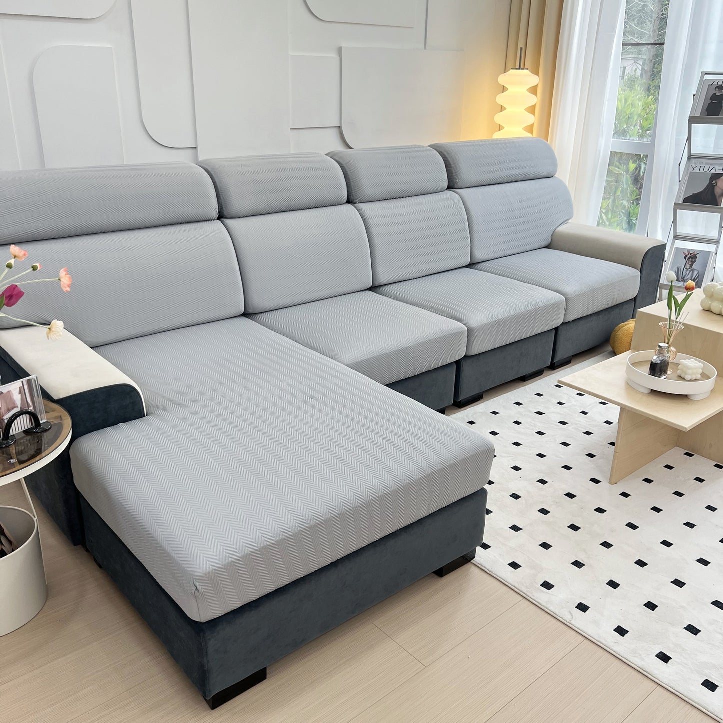 Cooling Stretchy Replacement Couch Cushion Covers for Sectional on a modern grey sectional sofa in a stylish living room.