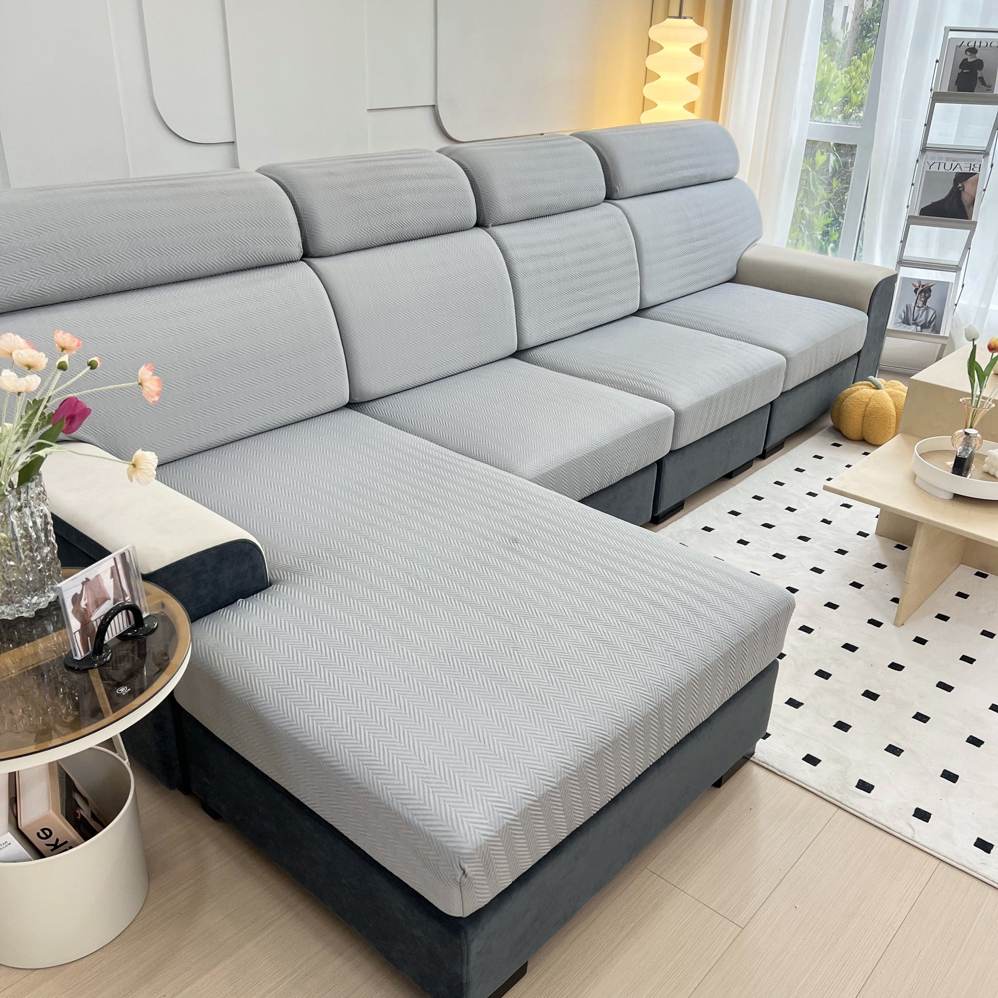 Modern sectional sofa with Cooling Stretchy Replacement Couch Cushion Covers for Sectional, Individual Couch Seat Cushion Covers.