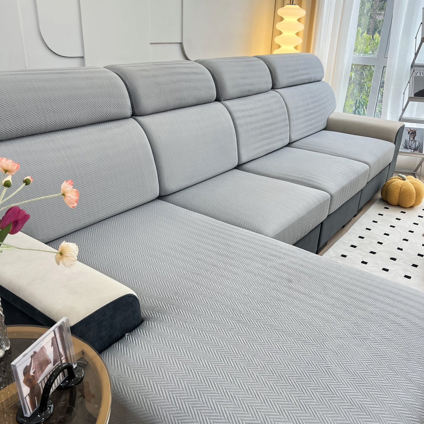 Cooling Stretchy Replacement Couch Cushion Covers for Sectional, Individual Couch Seat Cushion Covers on a gray sofa