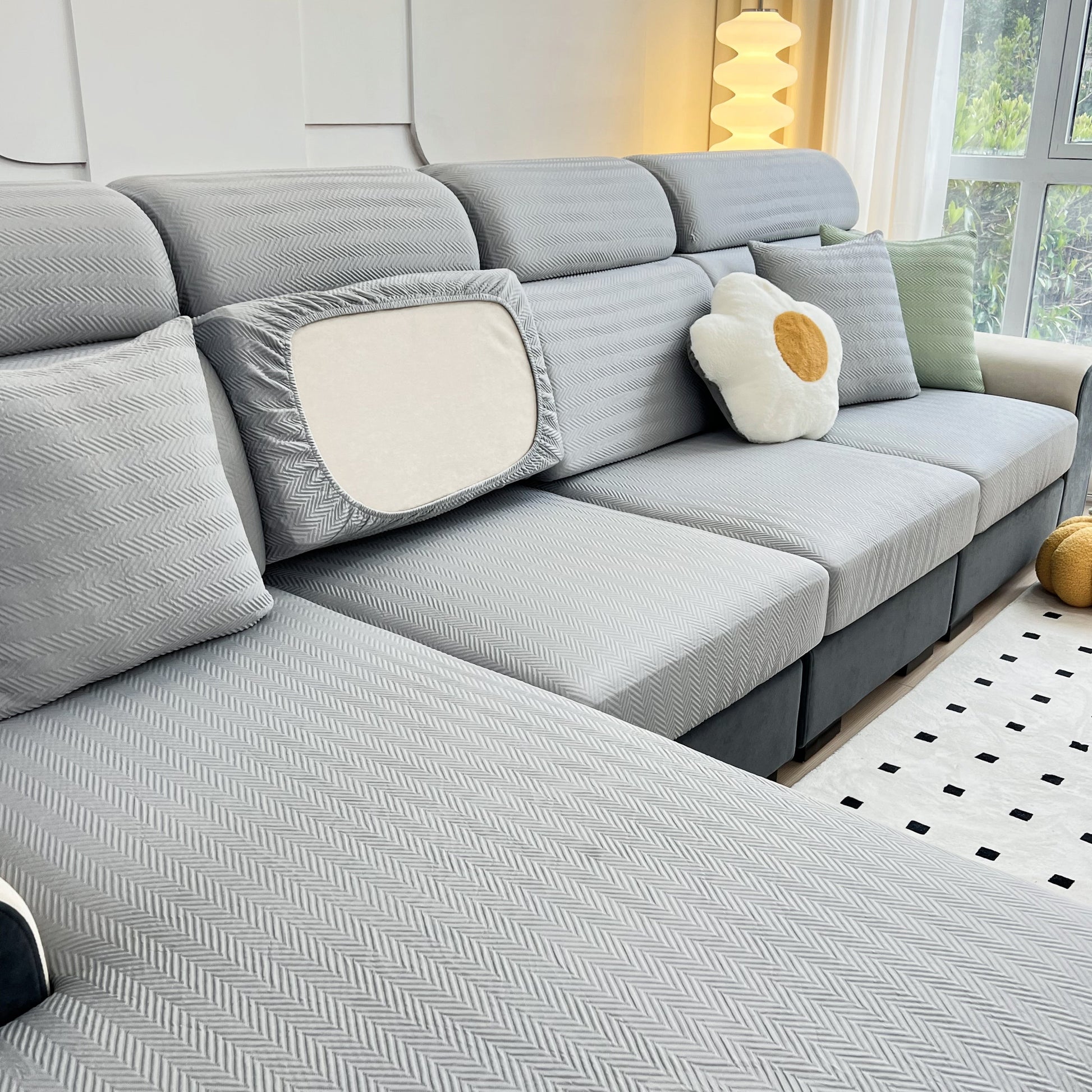 Cooling Stretchy Replacement Couch Cushion Covers for Sectional, Individual Couch Seat Cushion Covers on a modern grey sofa