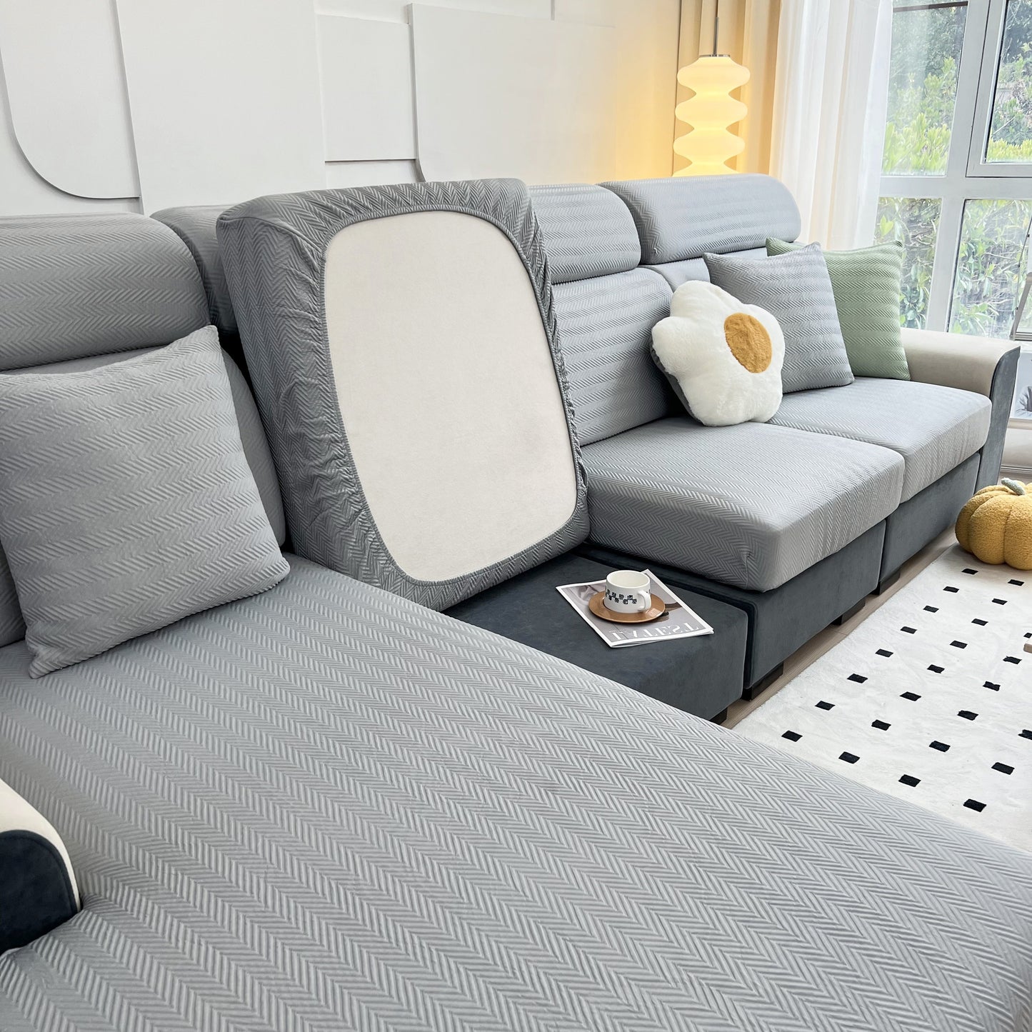 Cooling Stretchy Replacement Couch Cushion Covers for Sectional, Individual Couch Seat Cushion Covers on gray sofa.