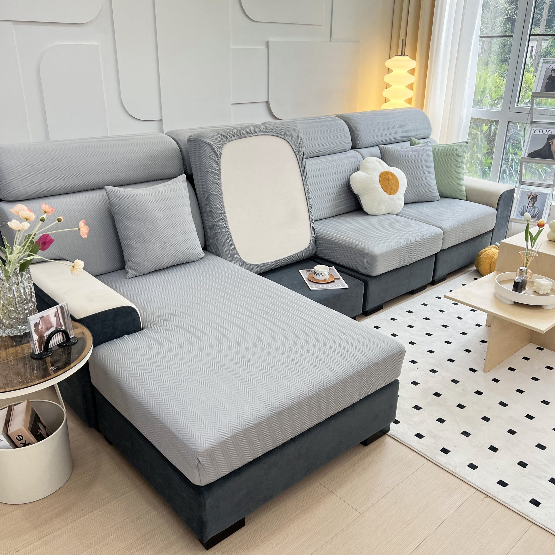 Cooling Stretchy Replacement Couch Cushion Covers for Sectional, Individual Couch Seat Cushion Covers on a modern gray sofa.