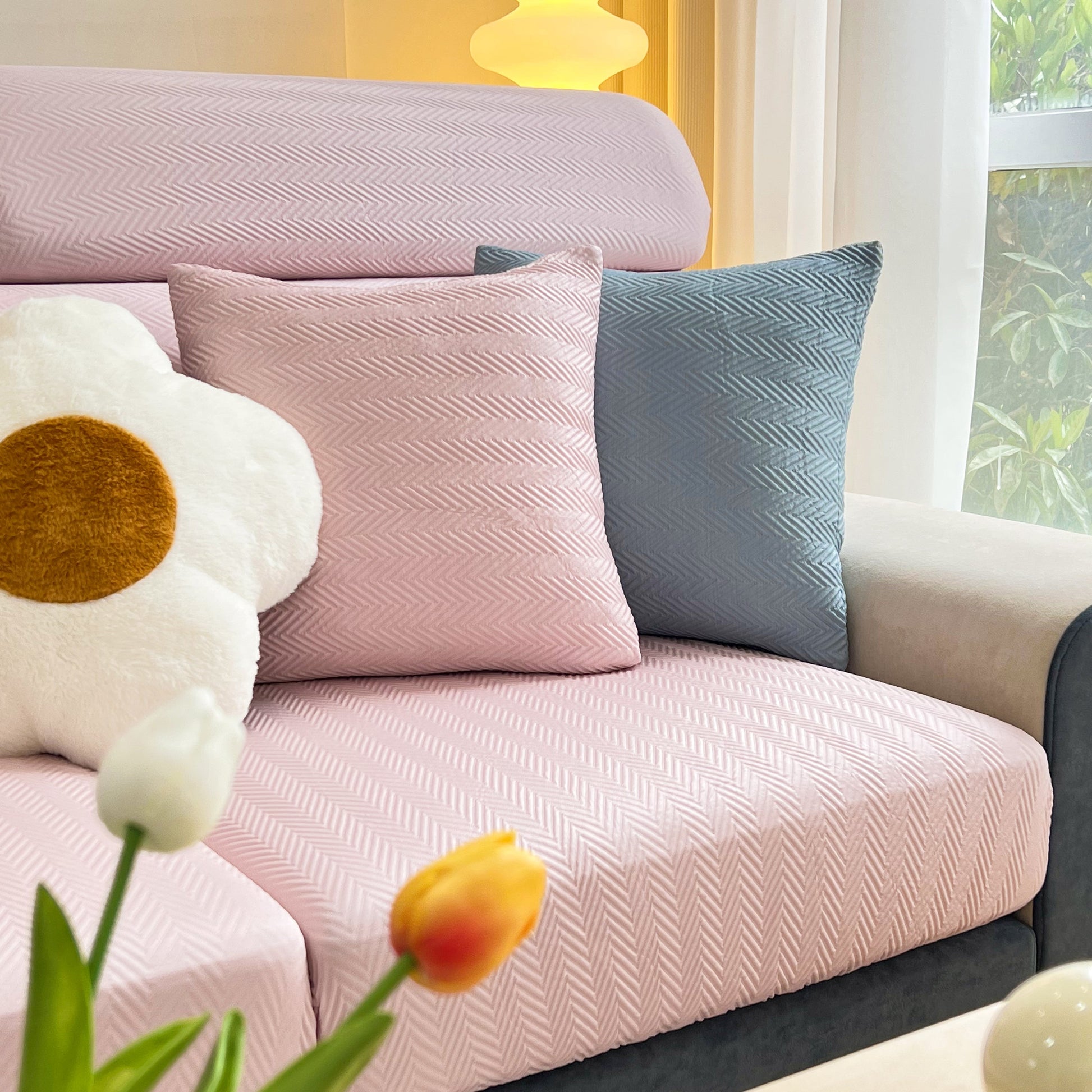 Cooling Stretchy Replacement Couch Cushion Covers for Sectional, Individual Couch Seat Cushion Covers in pink and blue on sofa.