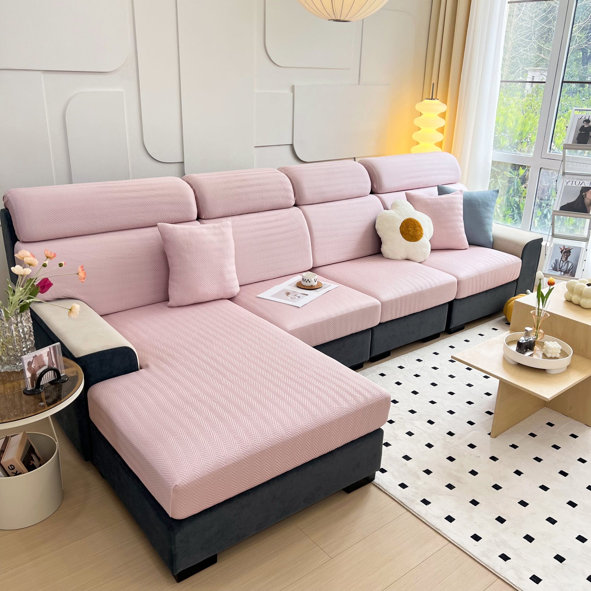 Cooling Stretchy Replacement Couch Cushion Covers for Sectional, Individual Couch Seat Cushion Covers on pink sofa