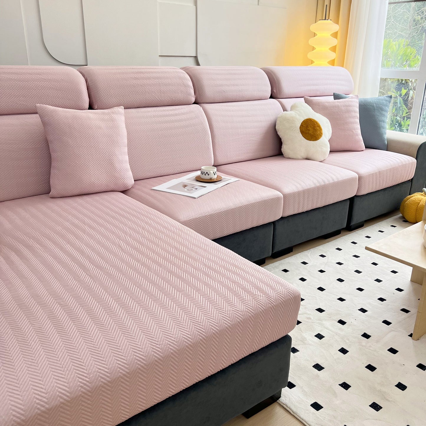 Cooling Stretchy Replacement Couch Cushion Covers for Sectional, Individual Couch Seat Cushion Covers in pink on a modern sofa