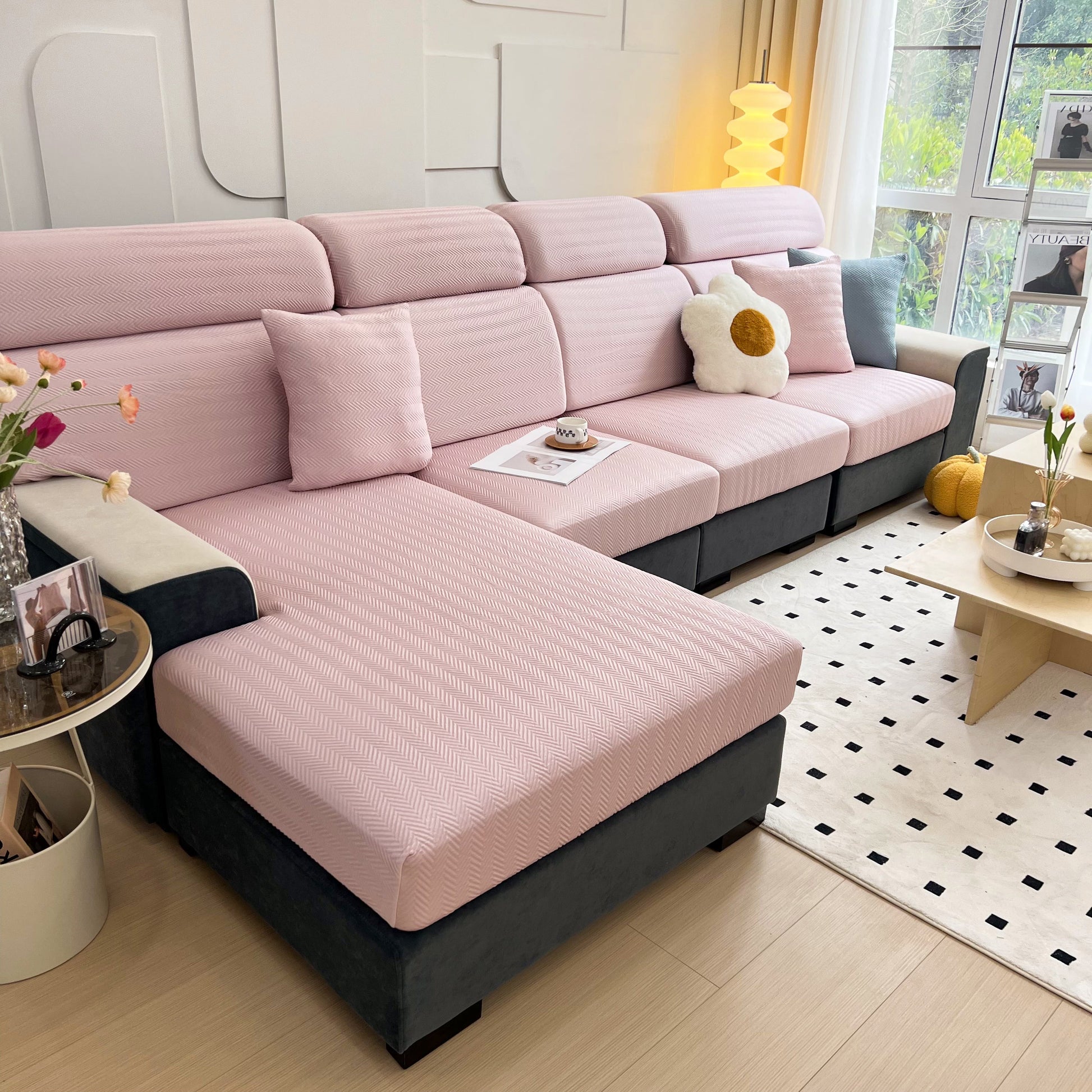 Cooling Stretchy Replacement Couch Cushion Covers for Sectional, Individual Couch Seat Cushion Covers on a pink sofa in a modern living room