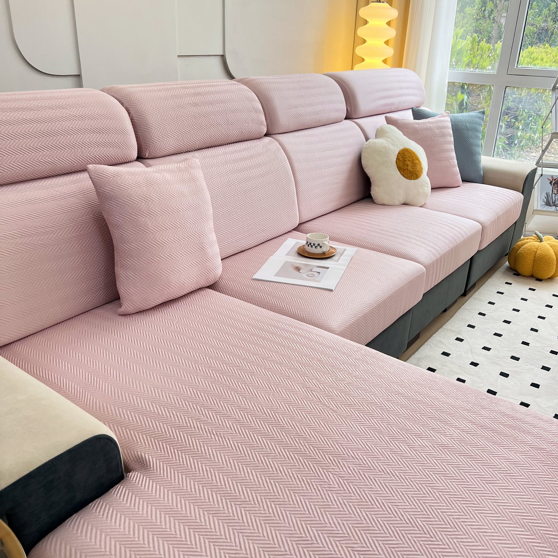 Cooling Stretchy Replacement Couch Cushion Covers for Sectional, Individual Couch Seat Cushion Covers in pink on sectional sofa.