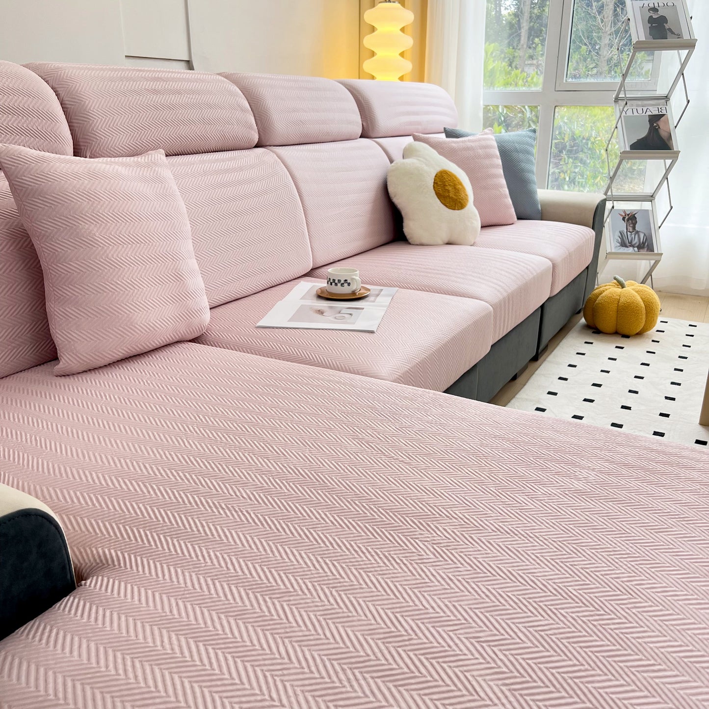 Cooling Stretchy Replacement Couch Cushion Covers for Sectional, Individual Couch Seat Cushion Covers in pink on a modern sofa.