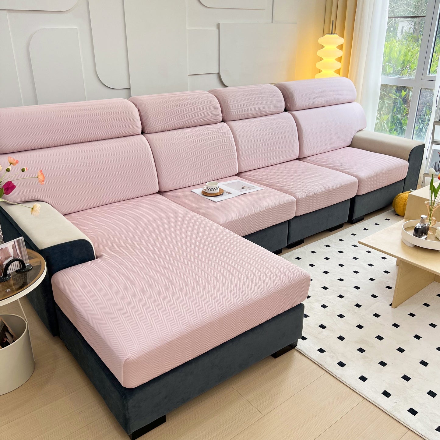 Cooling Stretchy Replacement Couch Cushion Covers for Sectional with pink fabric on a modern sofa