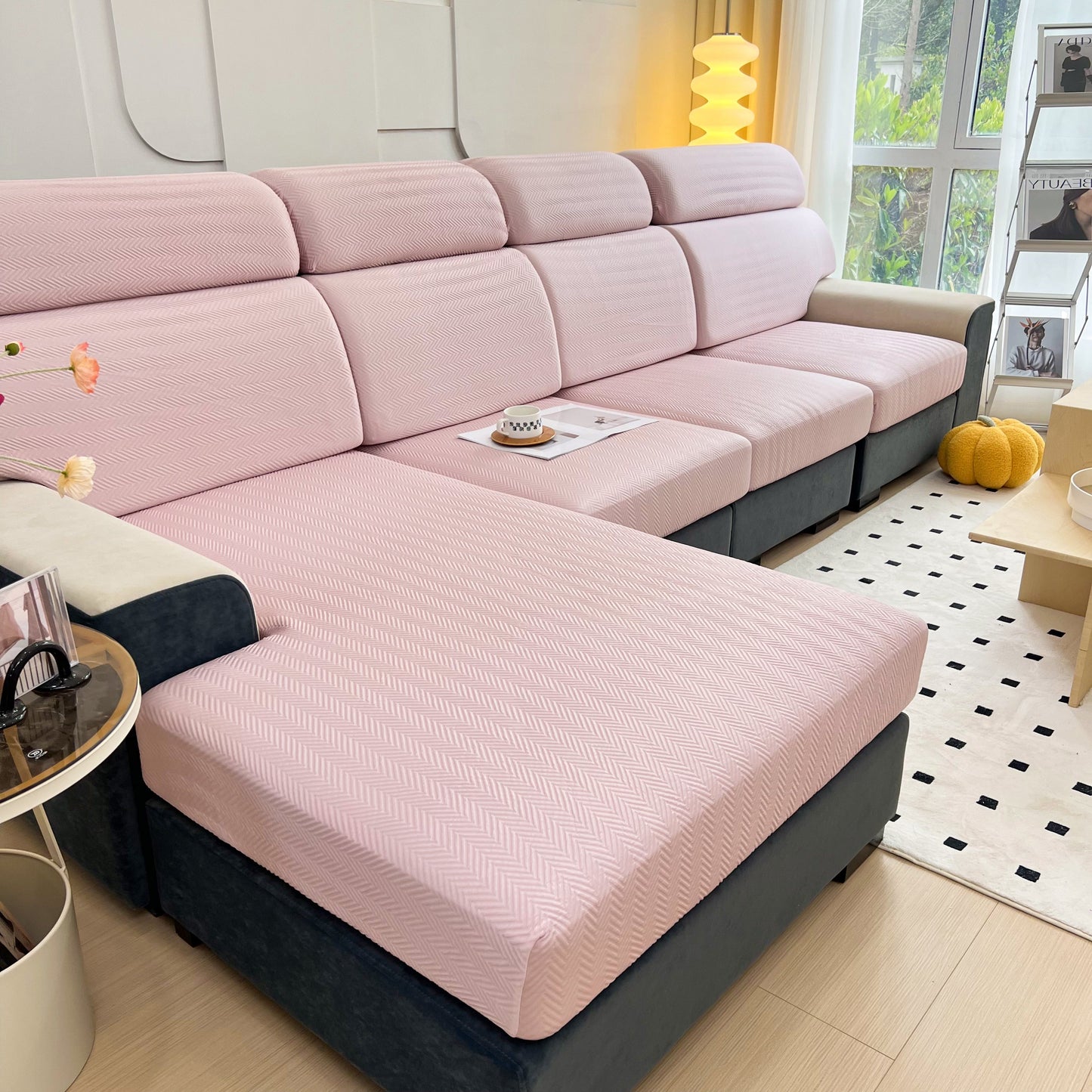 Pink Cooling Stretchy Replacement Couch Cushion Covers for Sectional, Individual Couch Seat Cushion Covers on a modern sofa.