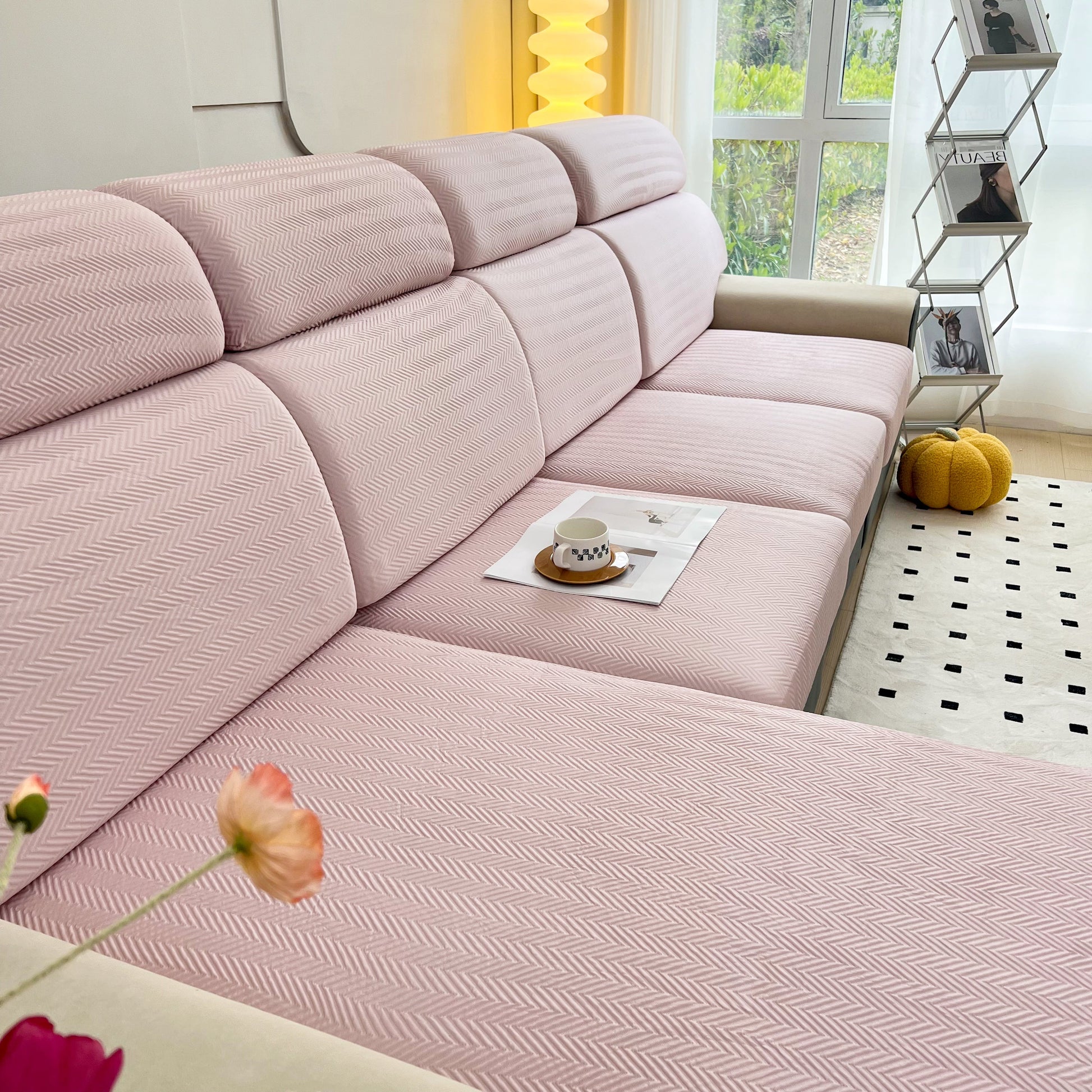 Cooling Stretchy Replacement Couch Cushion Covers for Sectional, Individual Couch Seat Cushion Covers showcasing pink cover on couch.
