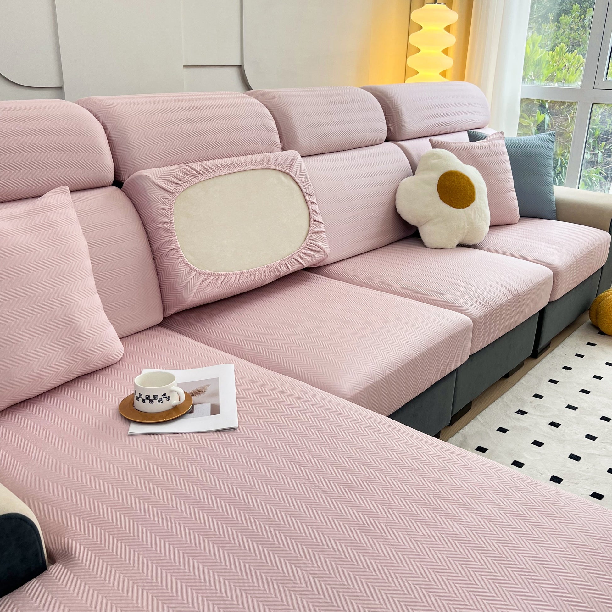 Cooling Stretchy Replacement Couch Cushion Covers for Sectional, Individual Couch Seat Cushion Covers showcasing pink fabric on sectional