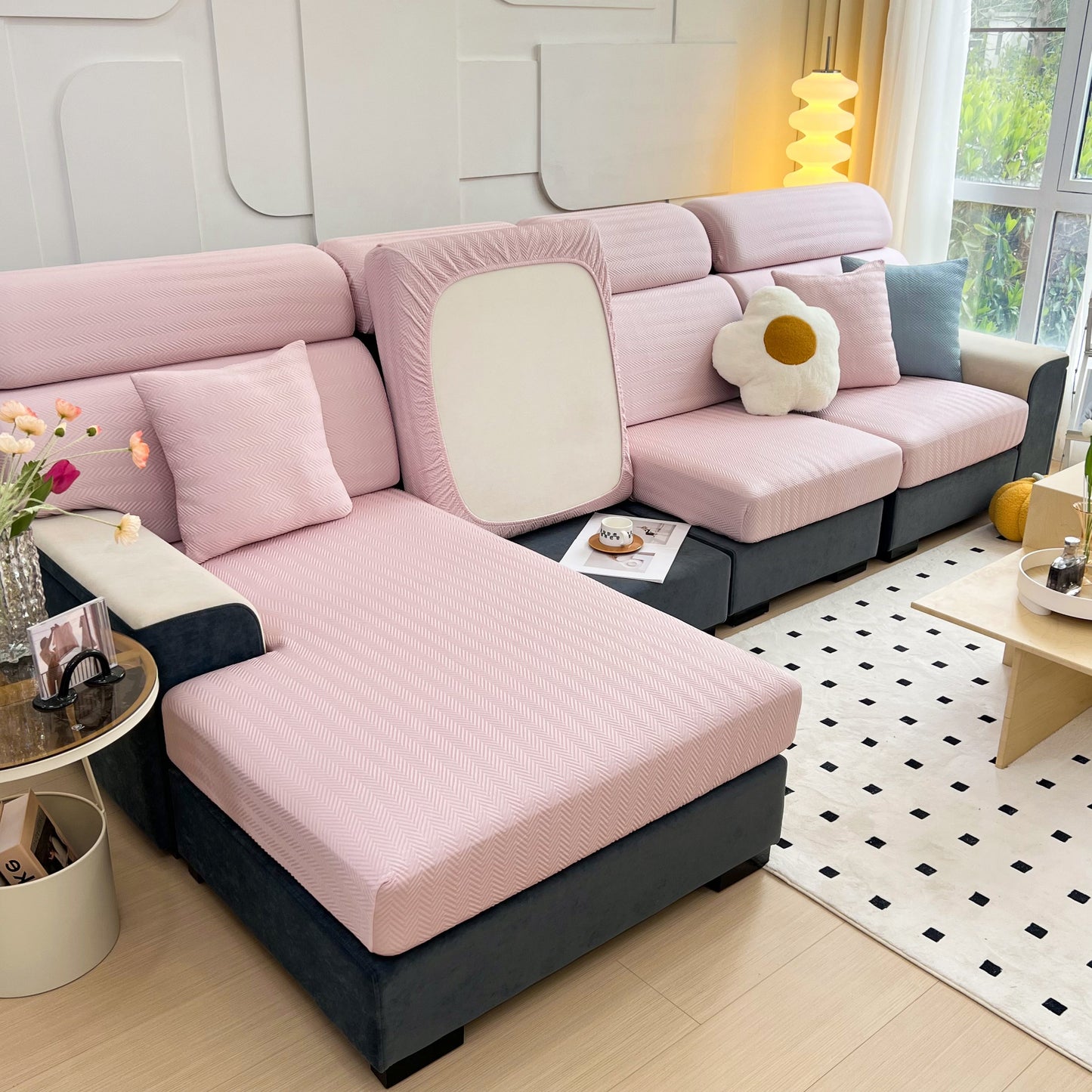 Living room with Cooling Stretchy Replacement Couch Cushion Covers for Sectional, Individual Couch Seat Cushion Covers in pink.