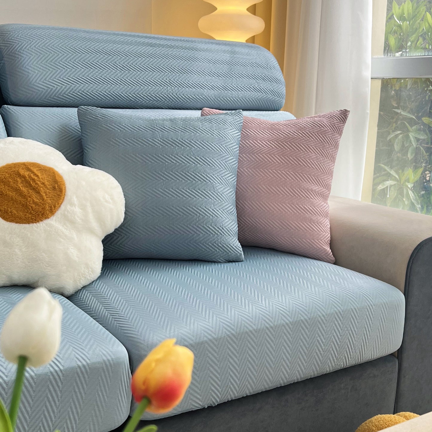 Cooling Stretchy Replacement Couch Cushion Covers for Sectional, Individual Couch Seat Cushion Covers in blue and pink on sofa