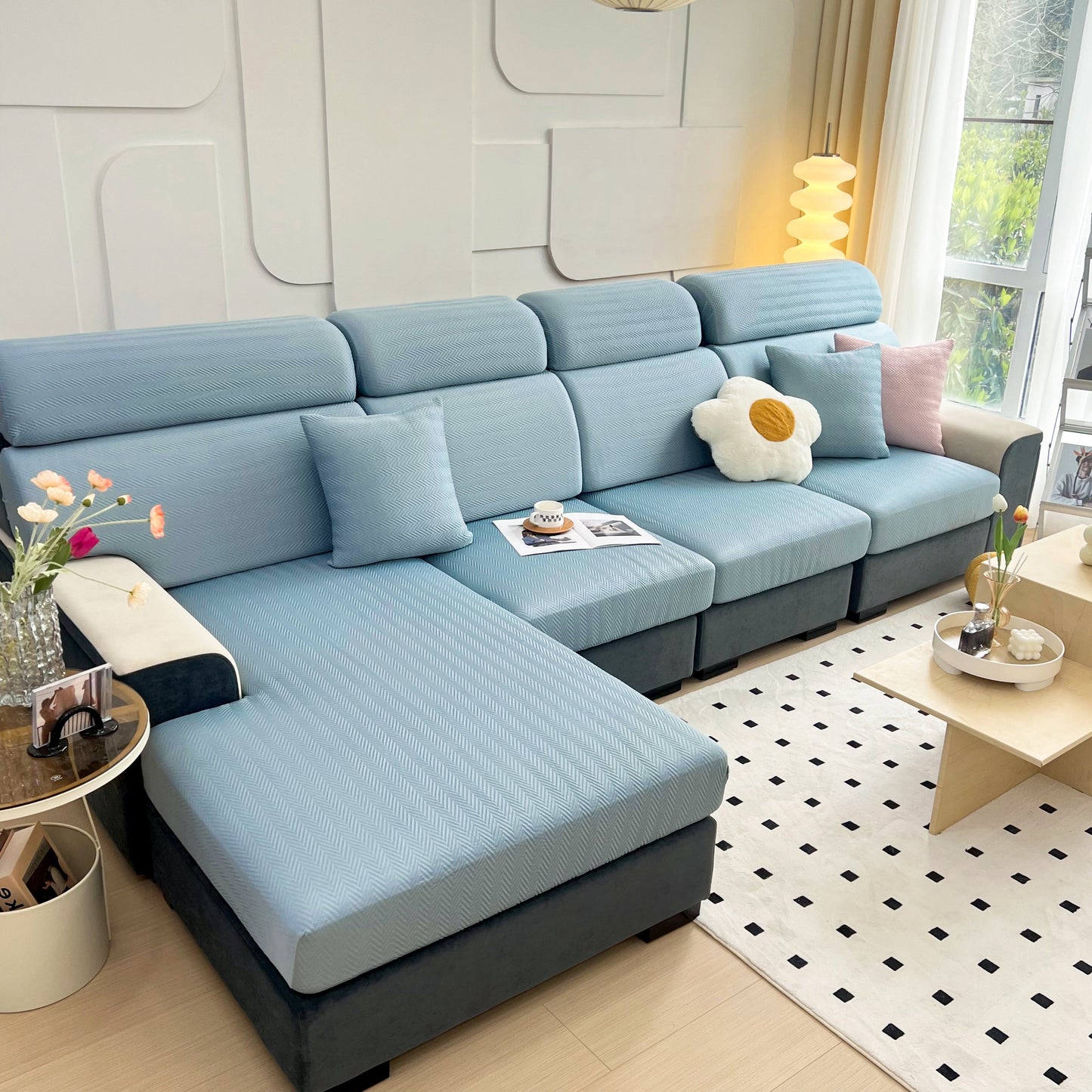 Cooling Stretchy Replacement Couch Cushion Covers for Sectional displayed on a modern living room sofa in blue with decorative pillows.