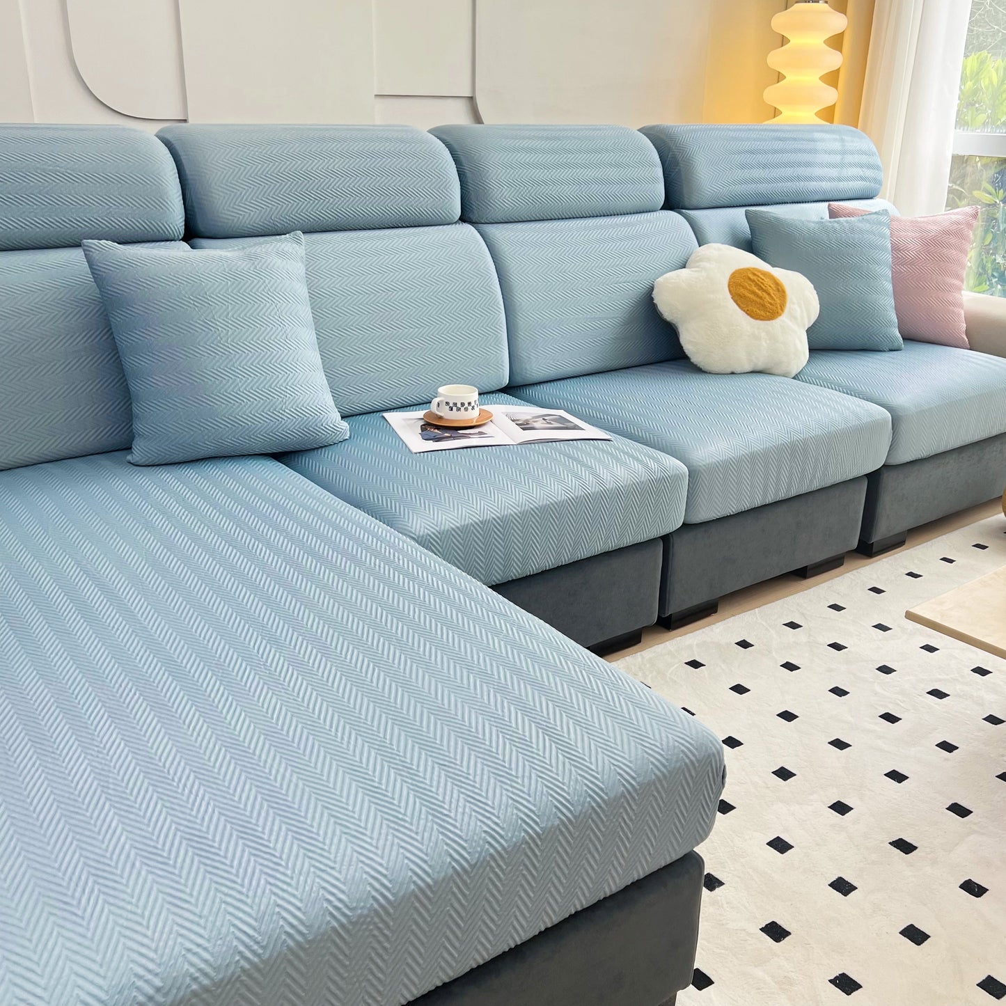 Cooling Stretchy Replacement Couch Cushion Covers for Sectional, Individual Couch Seat Cushion Covers in blue on a modern sofa.
