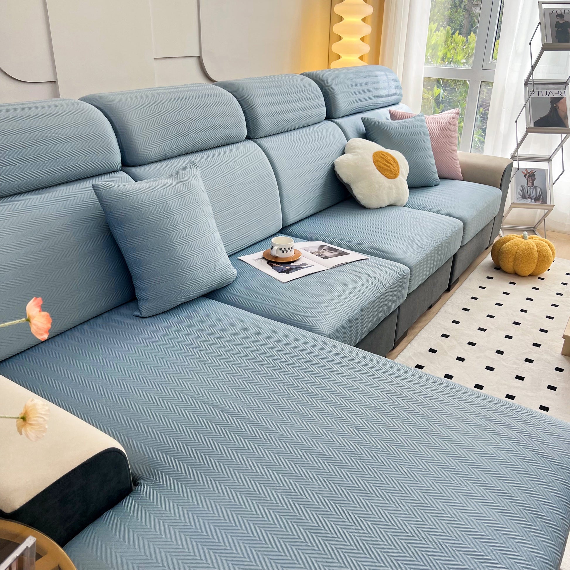 Cooling Stretchy Replacement Couch Cushion Covers for Sectional, Individual Couch Seat Cushion Covers on blue sectional sofa