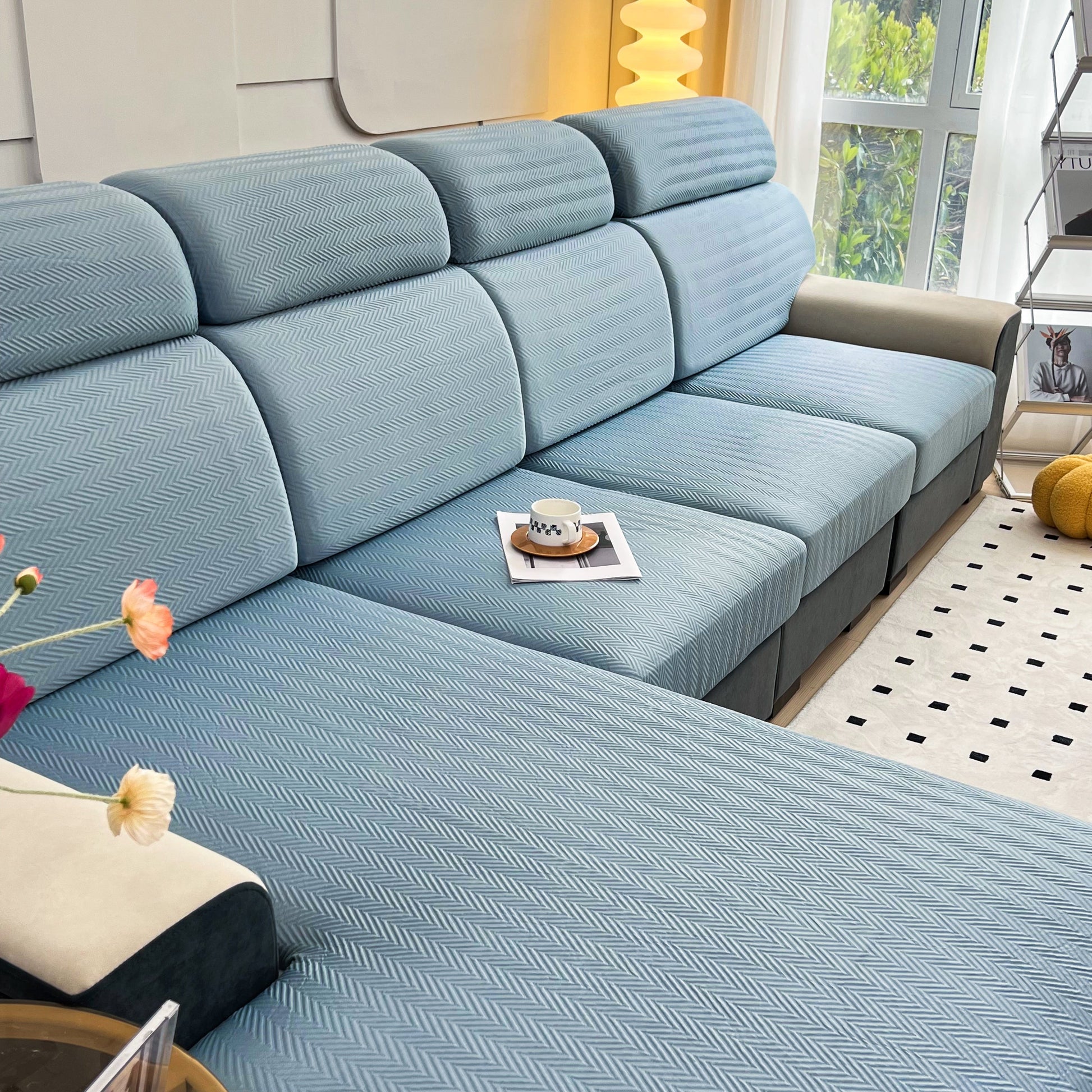 Cooling Stretchy Replacement Couch Cushion Covers for Sectional, Individual Couch Seat Cushion Covers shown on a modern sofa.