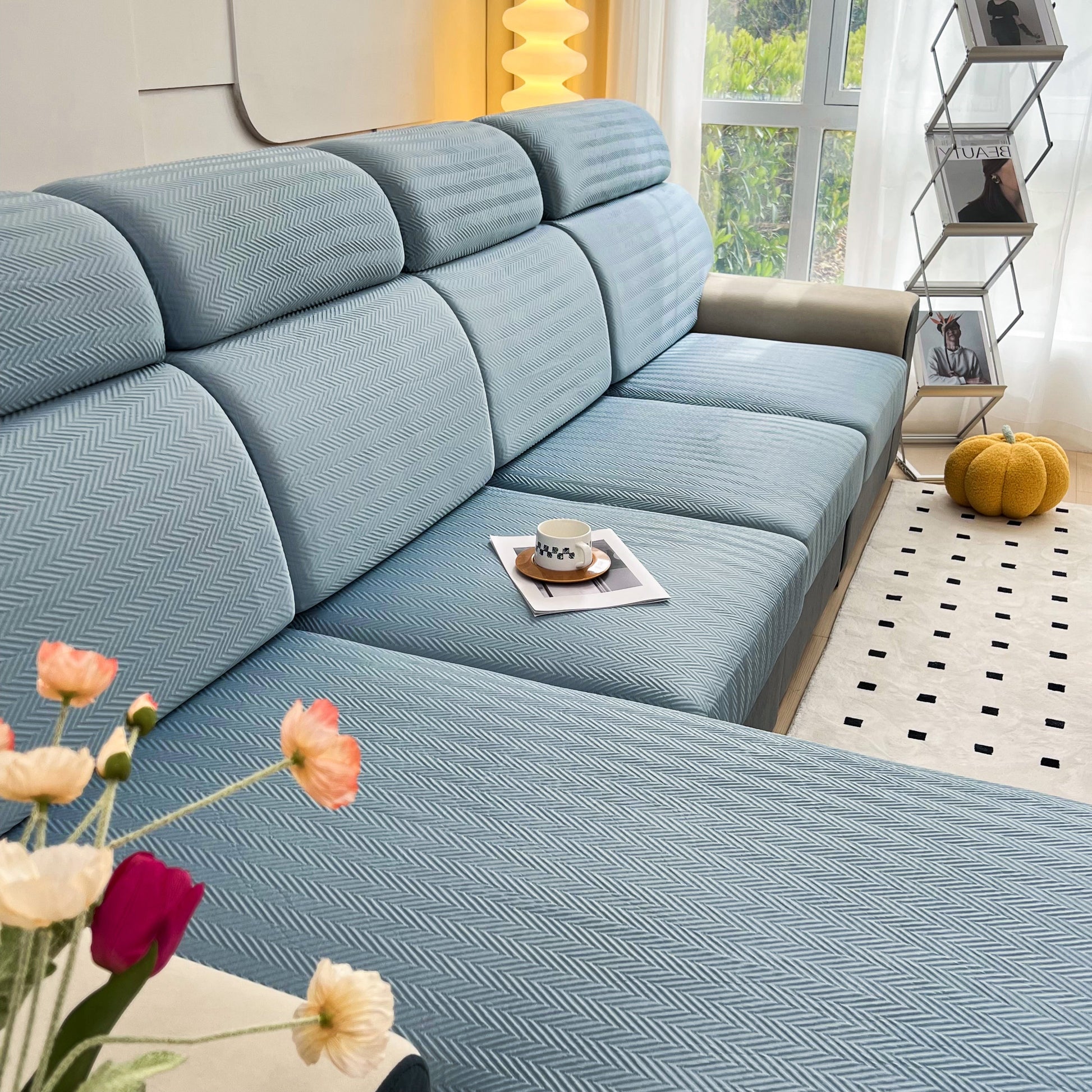 Cooling Stretchy Replacement Couch Cushion Covers for Sectional, Individual Couch Seat Cushion Covers in a stylish living room setting