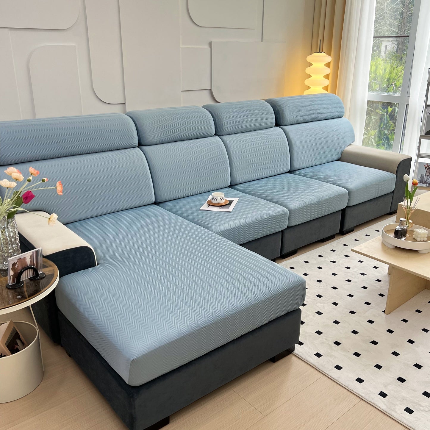 Cooling Stretchy Replacement Couch Cushion Covers for Sectional, Individual Couch Seat Cushion Covers on blue sofa.