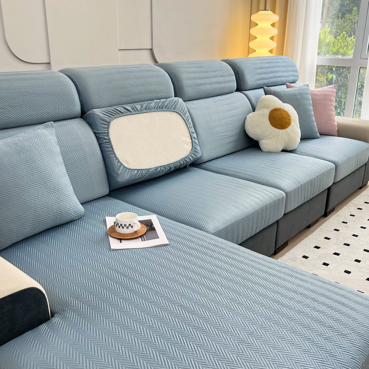 Cooling Stretchy Replacement Couch Cushion Covers for Sectional, Individual Couch Seat Cushion Covers on blue sectional sofa